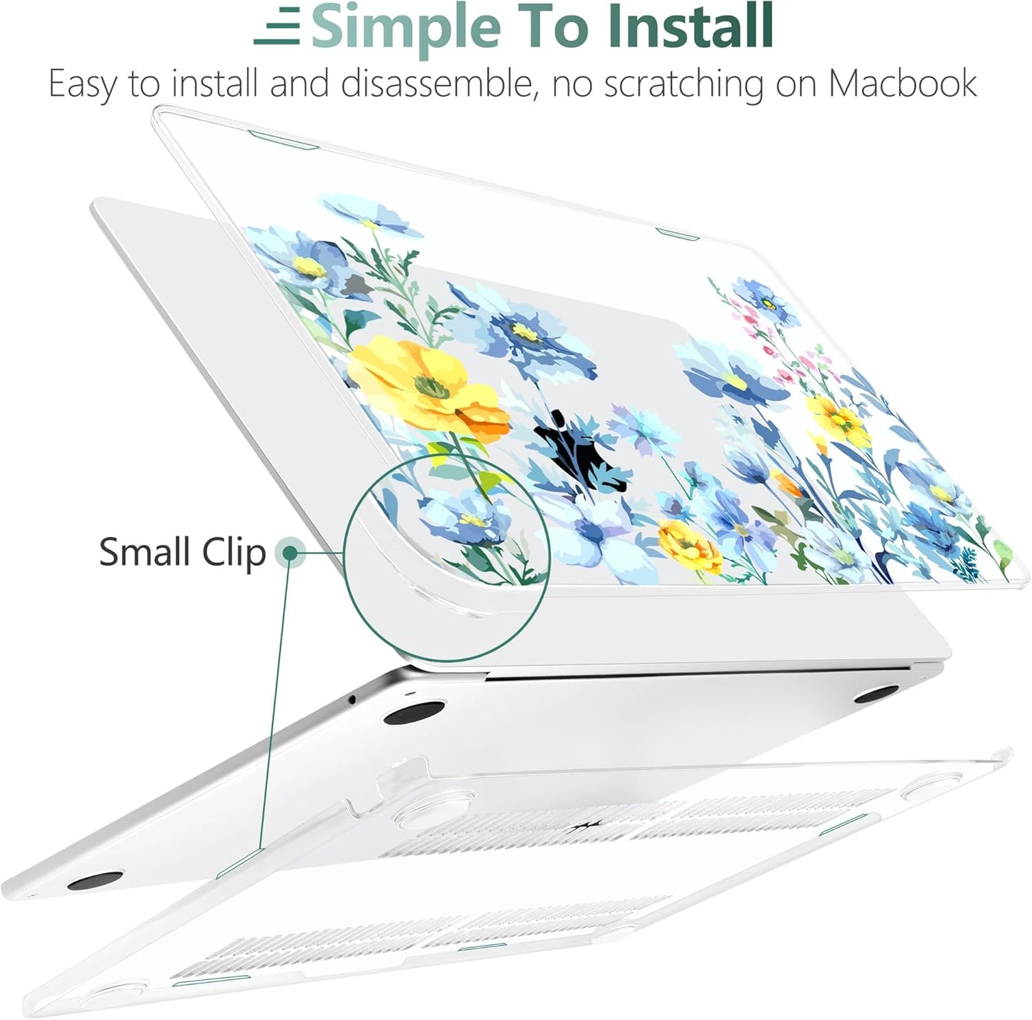 TWOLSKOO Compatible with M4 MacBook Air 13.6 inch Case 2025-2022 Release M4 A3240 M3 A3113 M2 A2681, Plastic Hard Shell & Keyboard Cover & Type C Adapter & Screen Protector, Blue Flowers