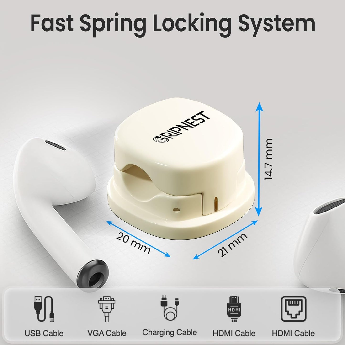 8 Pack Adhesive Cable Clips White Spring Loaded Cord Holders for Nightstand, Desk, Wall, Car, or Bedside Ideal Charging Cable Organizer for Home or Office Setup