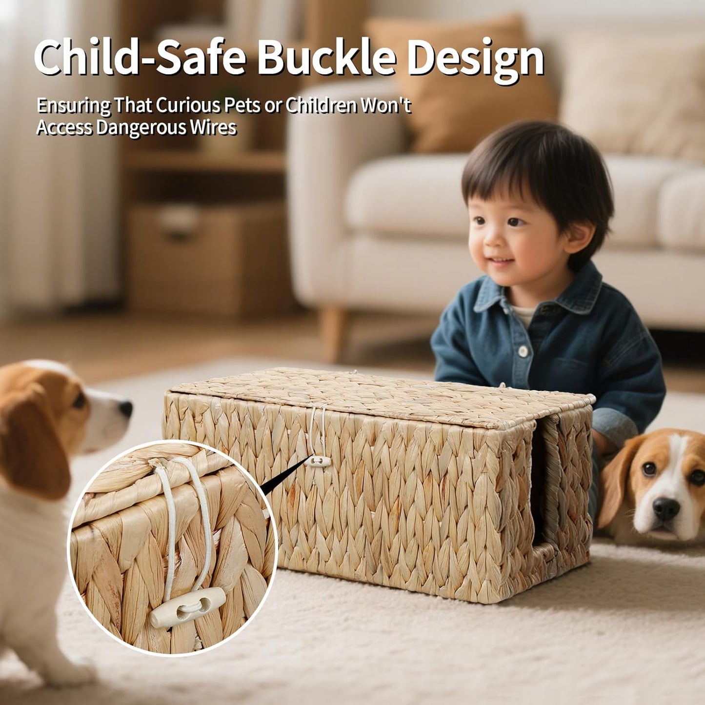 Cable Management Box,Hand-Woven Water Hyacinth Decorative Cord Organizer,2 Side Open Slots Wicker Cable Box to Hide Cords and Power Strip,for Desk, Floor, Office,2 Pack