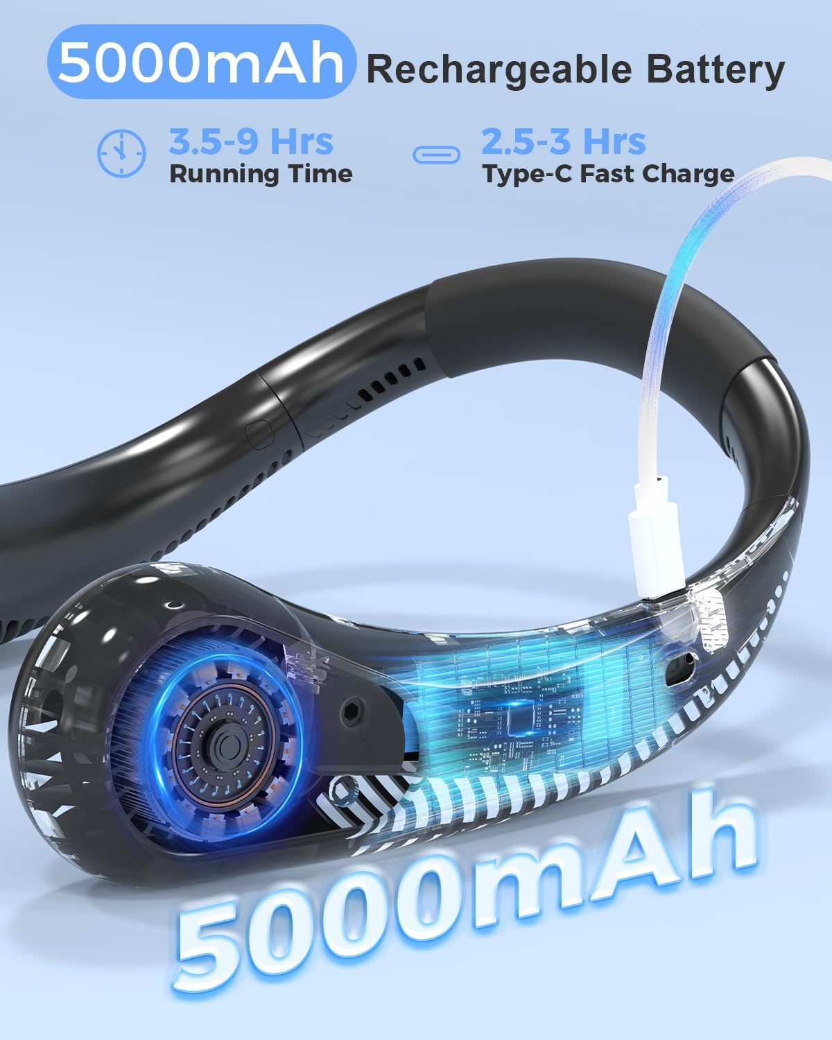 Bladeless Neck Fan, 5000mAh Rechargeable Battery Powered, 3 Speeds, Angle Adjustable, Hand-free Portable Neck Fan for Both Outdoor & Indoor Use, UL Certified, Black