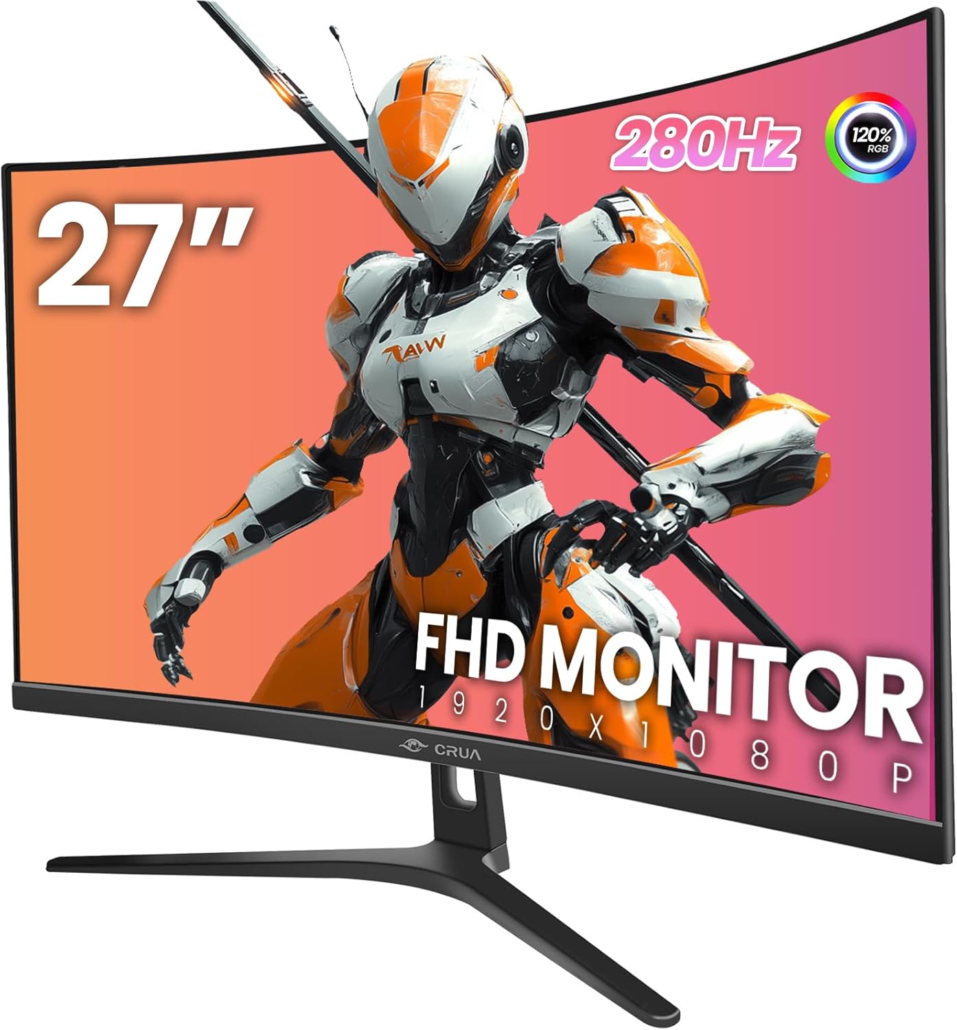 CRUA 27" Curved Gaming Monitor, 280Hz FHD (1920X1080P), 1800R VA Panel, 120% sRGB, Support AMD FreeSync, Low Blue Light, Ultra-Smooth Esports Display, HDMI 1.4 & DP 1.2, Wall Mountable Installs-Black