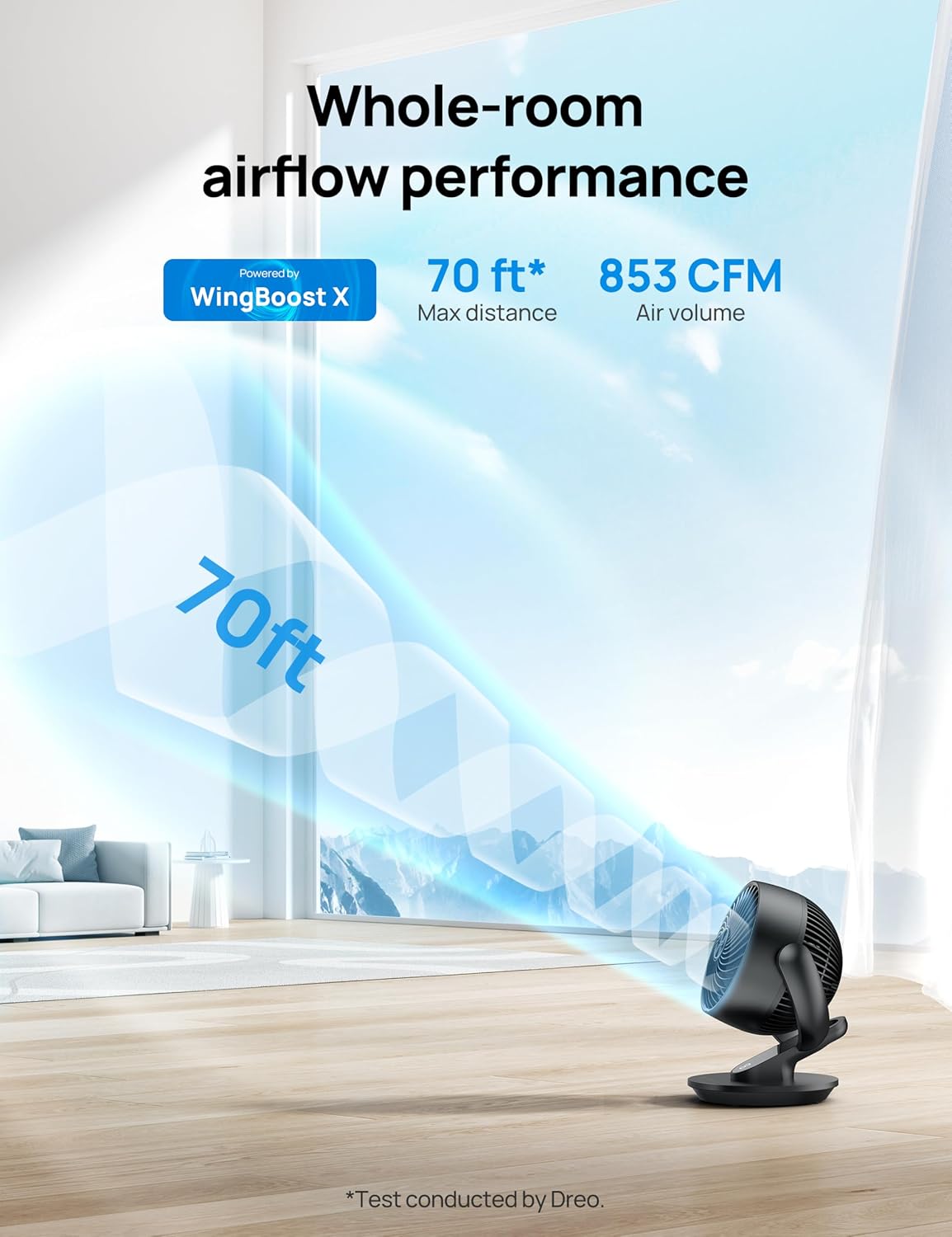 Dreo Smart Fan for Bedroom,120° Vertical and 90° Oscillating Fan with Remote/Voice, 13 Inch Height Quiet Air Circulator for Whole Room, 70 ft, 4 Speeds, 5 Modes, 12H Timer, Desk Fans for Home，Black