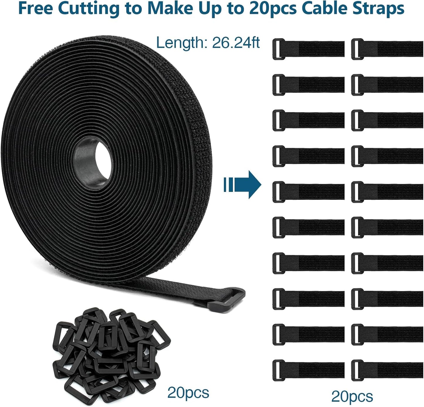 26ft Cut-to-Length Cable Straps 1in Wide with 20pcs Plastic Buckles, Adjustable Cinch Strap Free Cutting, Reusable Hook and Loop Straps for Fastening Cable Ties, Cord Straps, Wire Management