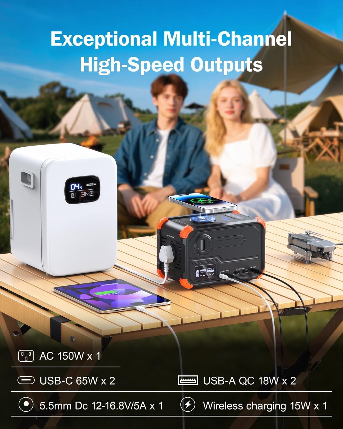 BROWEY Portable Power Station 153Wh Camping Small Solar Generator with Hand Crank 120V 150W AC Outlet Lithium Battery Power Bank, Wireless Charging Emergency Charger for Outdoor Travel Home Backup