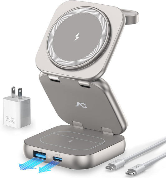 5-in-1 Wireless Charger for MagSafe, AC ISLAND Portable Travel Charging Station, 15W Max Fast Foldable Magnetic Stand, Evolved for iPhone 16/15/14/13 Series, Apple Watch, AirPods (with 35W Adapter)