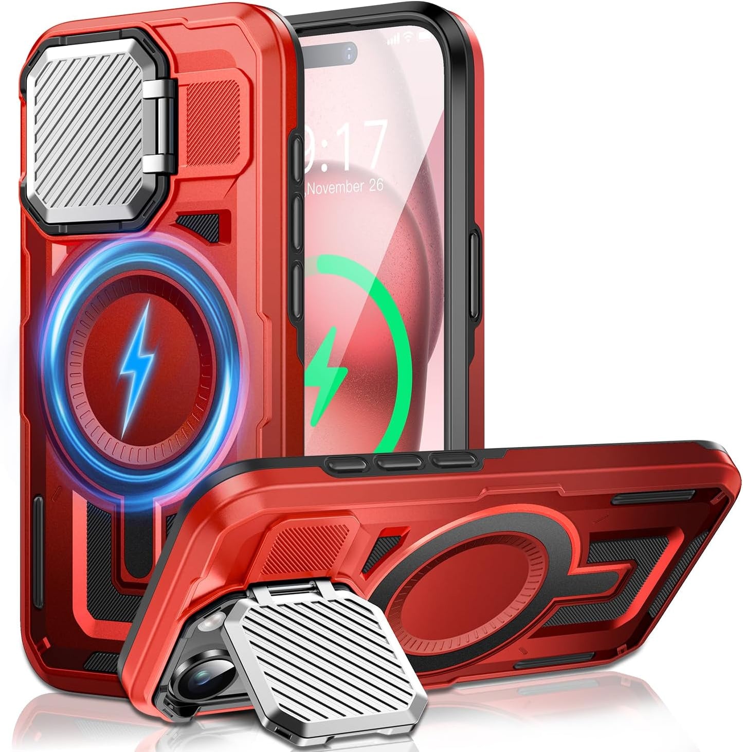 Camera Stand Case for iPhone 15, [Compatible with MagSafe] [Lens Cover] 2024 Version Military Grade Protective Soft Case for iPhone 15 6.1 inch Men Women, Red