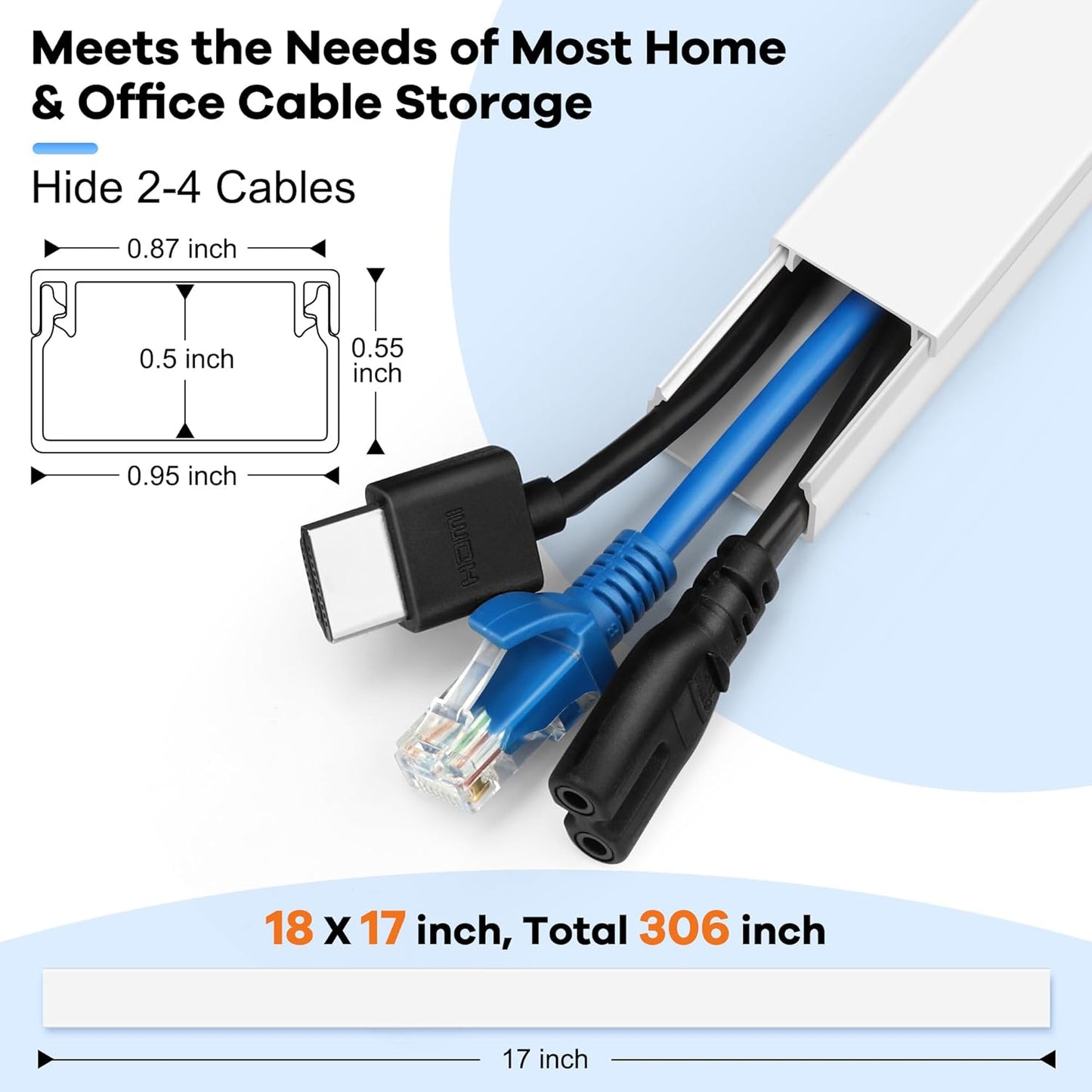 306in Cord Hider Kit, Cord Covers for Wires on Wall, Paintable Wire Cover for Cords, Cable Hider for Wall Mounted TV, White Cord Concealer, Cable Raceway Wire Management, 18xL17in x W0.95in x H0.55in