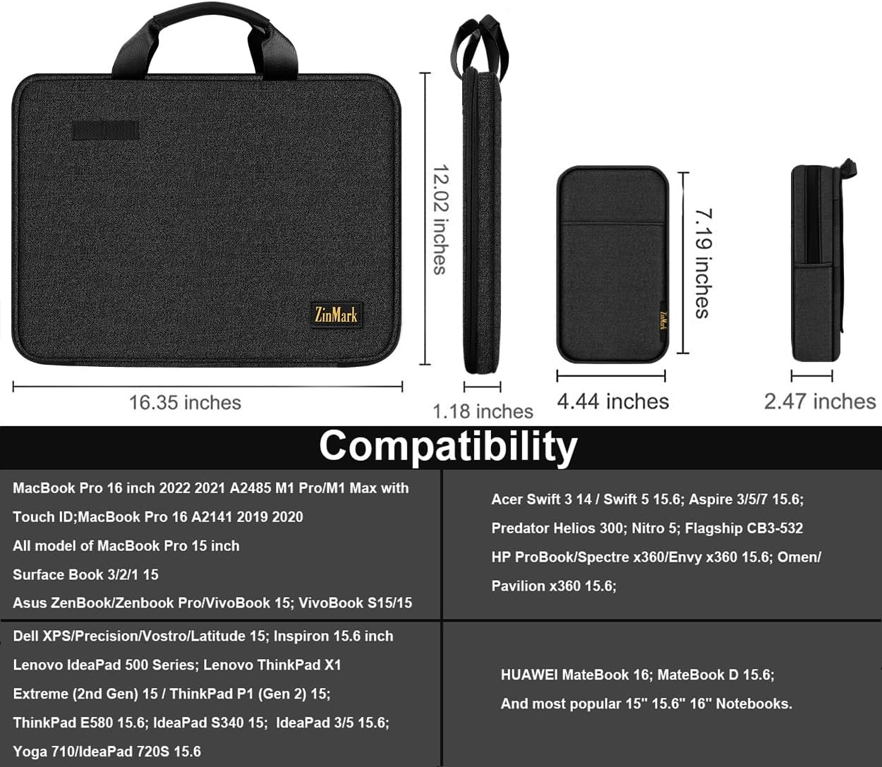 Laptop Case 15.6 Inch Briefcase Military-Grade Protection with Detachable Belt Bag, Compatible All Model of 15-16 Inch MacBook Pro and Most Popular 15.6 Inch Notebooks Chromebooks (Black)