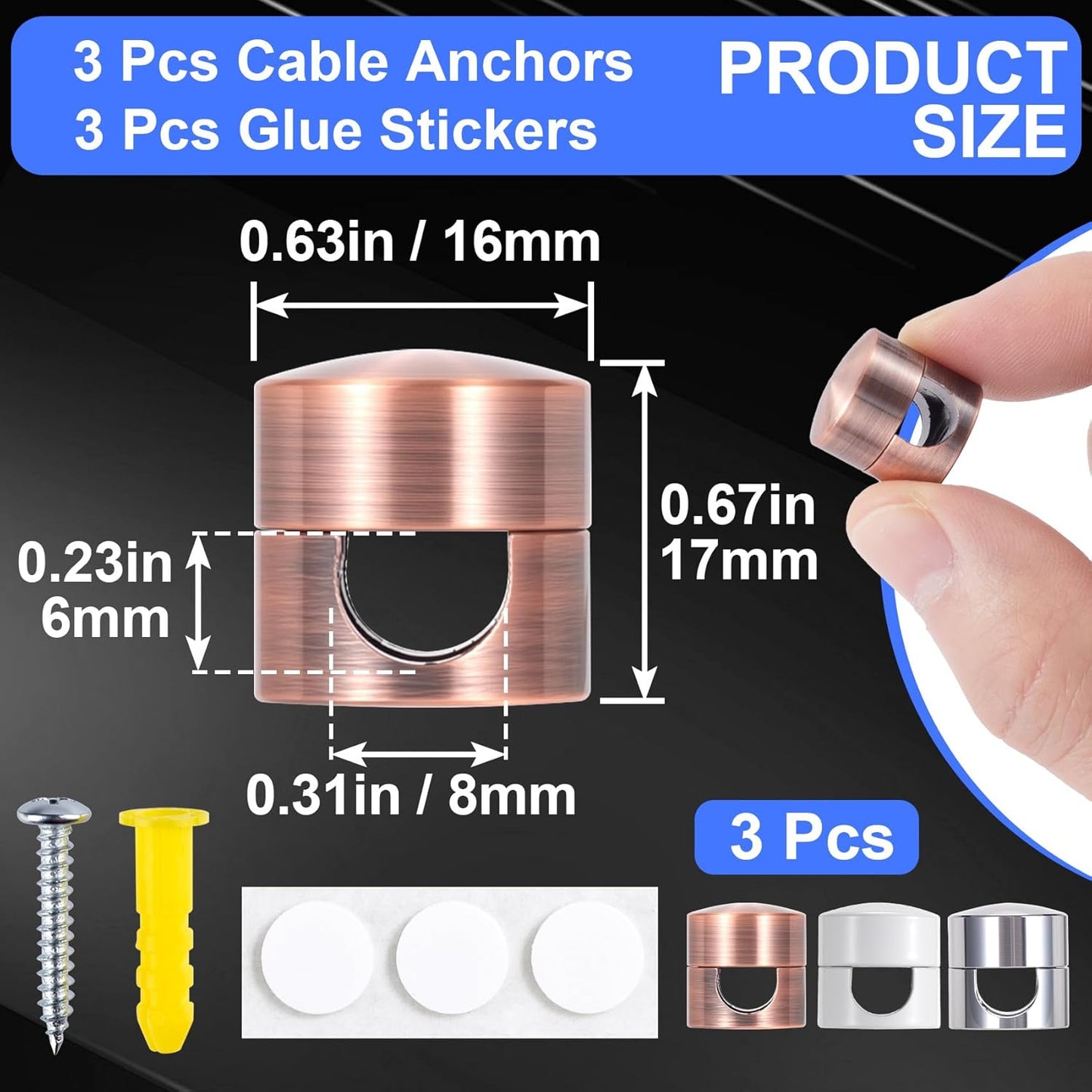 3 Sets Charger Holders for Cords, Adjustable Cable Anchor Holders, Adhesive Metal Cord Clips, Cable Management Wire Organizers for Desk, Office, Nightstand - White, Silver, Red Bronze