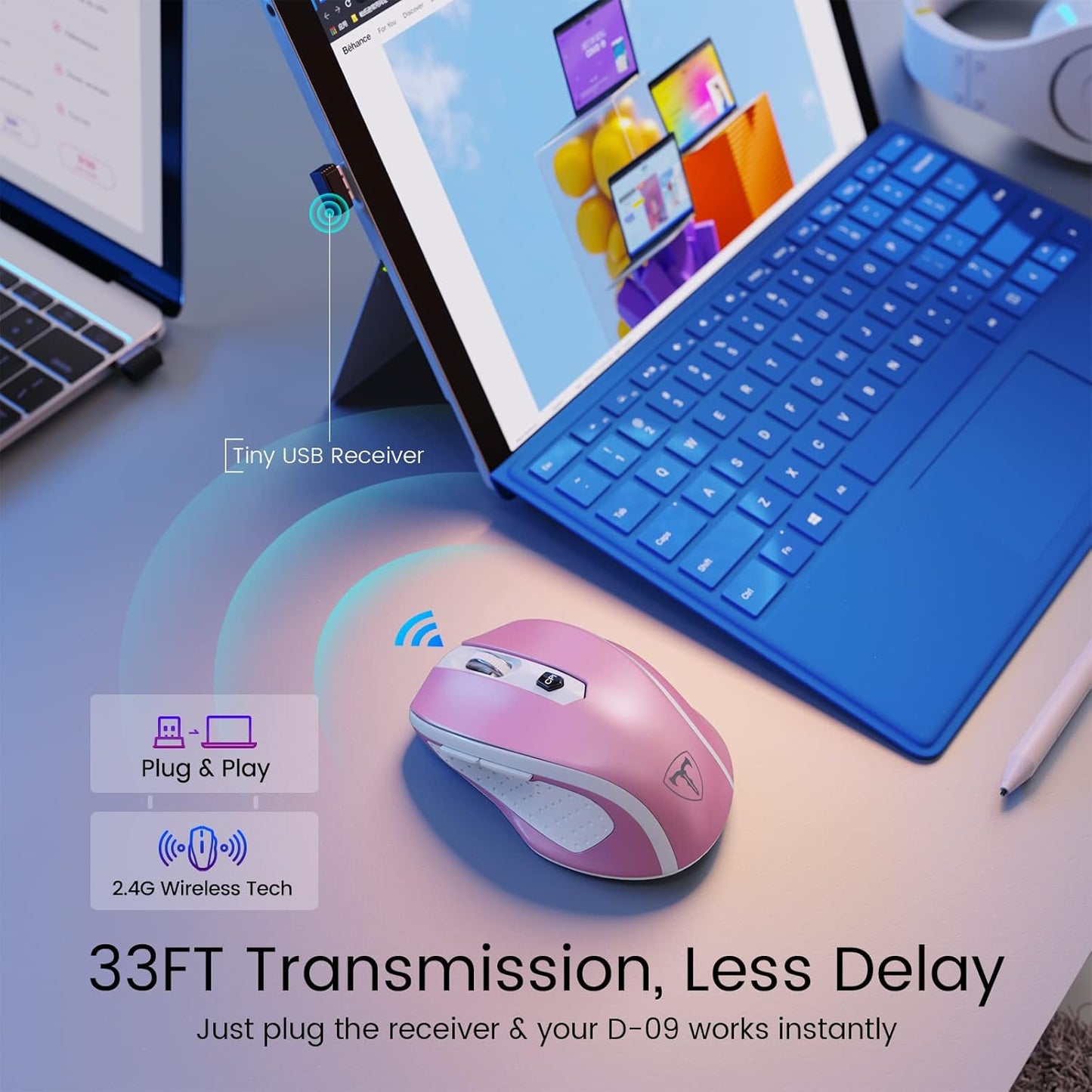 D-09 Wireless Mouse for Laptop - Ergonomic Plus Computer USB Cordless Mice, Ergo Grips, Lightspeed 5-Level 2400 DPI, 16 Months Battery, Portable for PC Mac Chromebook, 6 Button, Flamingo Pink