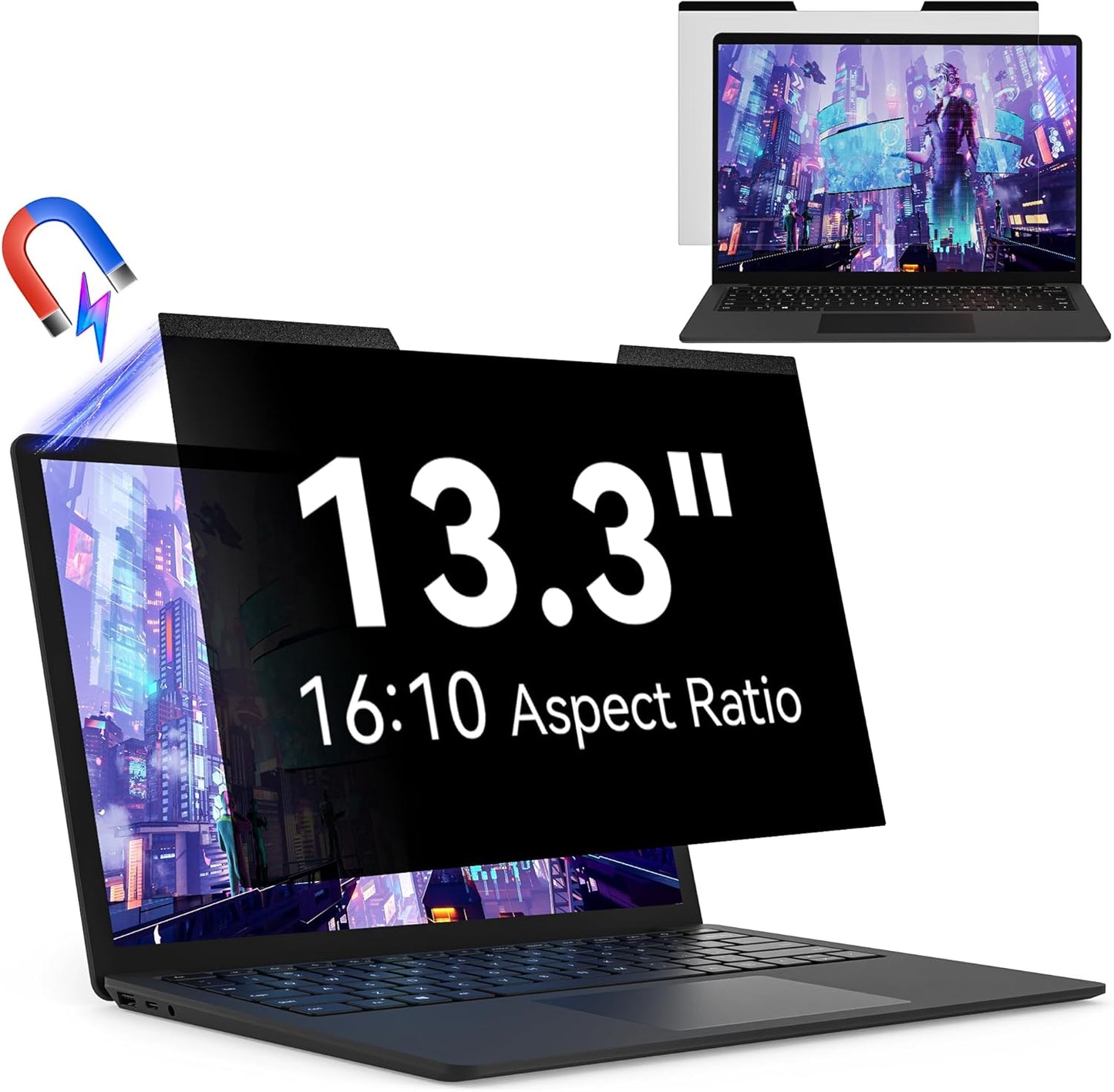 Magnetic 13.3 Inch Laptop Privacy Screen for 16:10 Computer Monitor, Removable Anti Glare Blue Light Filter Protector, 13 In Privacy Shield Compatible with Lenovo Hp Dell Acer Asus Thinkpad Envy Xps