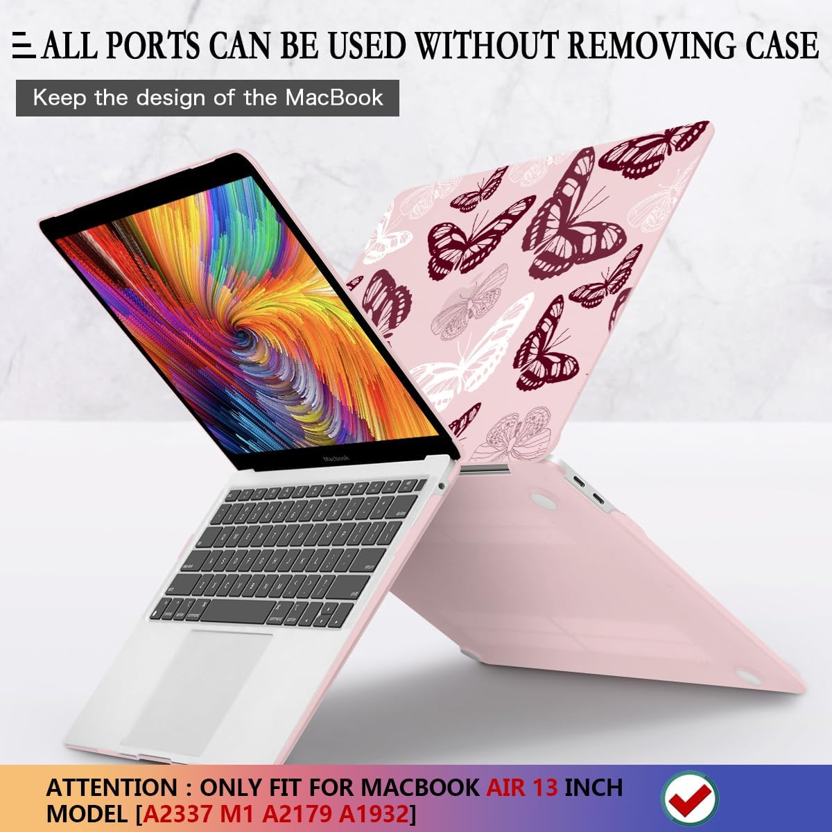 CISSOOK Butterfly Case for MacBook Air 13 Inch Pink 2021 2020 2019 2018 Release Model A2337 M1 A2179 A1932, Pink Cover with Keyboard Cover for MacBook Air 13 with Retina Display and Touch ID