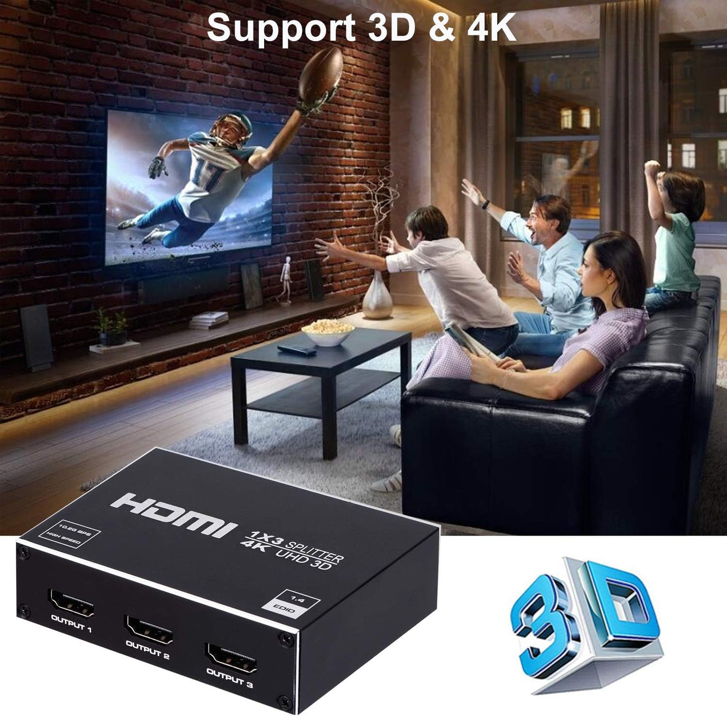 1x3 HDMI Splitter, 1 in 3 Out HDMI Splitter Audio Video Distributor Box Support 3D & 4K x 2K Compatible for HDTV, STB, DVD, PS3, Projector Etc