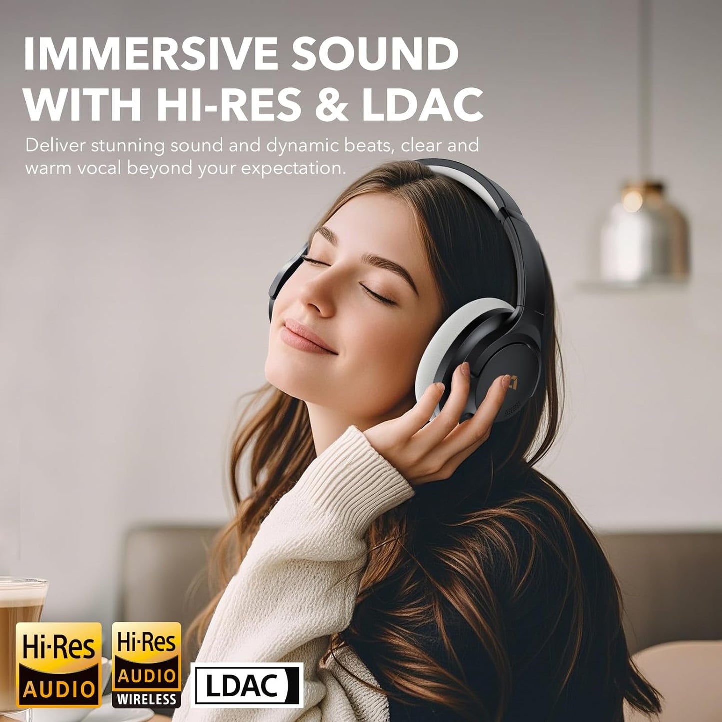 1Mii Y8+ Noise Cancelling Headphones Bluetooth, Wireless LDAC Hi-Res Audio, Custom EQ via App, 75H Playtime, Comfort Fit, Over Ear Headphones Foldable for Airplane Travel Home Office Black Grey