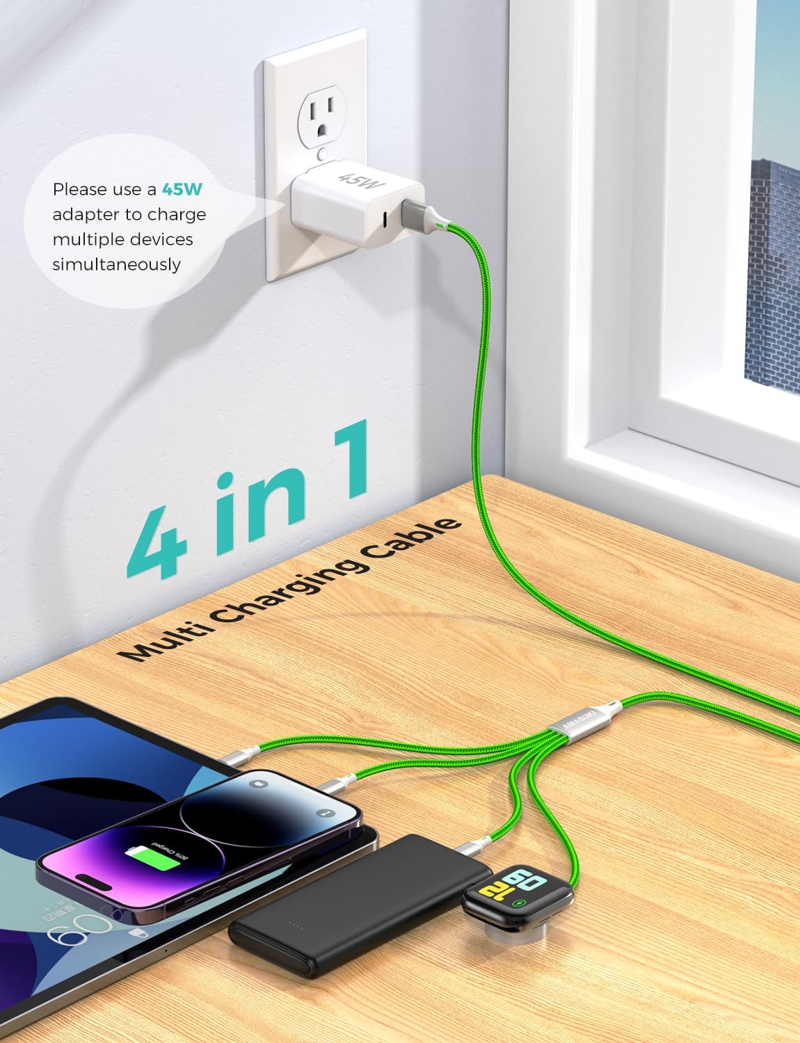 2Pack Travel Essentials Multi Charging Cable for Watch Charger 4 in 1 Fast Charger Camping Essentials USB C/L/Micro Compatible with Watch Series 10-1/SE/Ultra Phone 16 15/Galaxy Android-4FT/Green