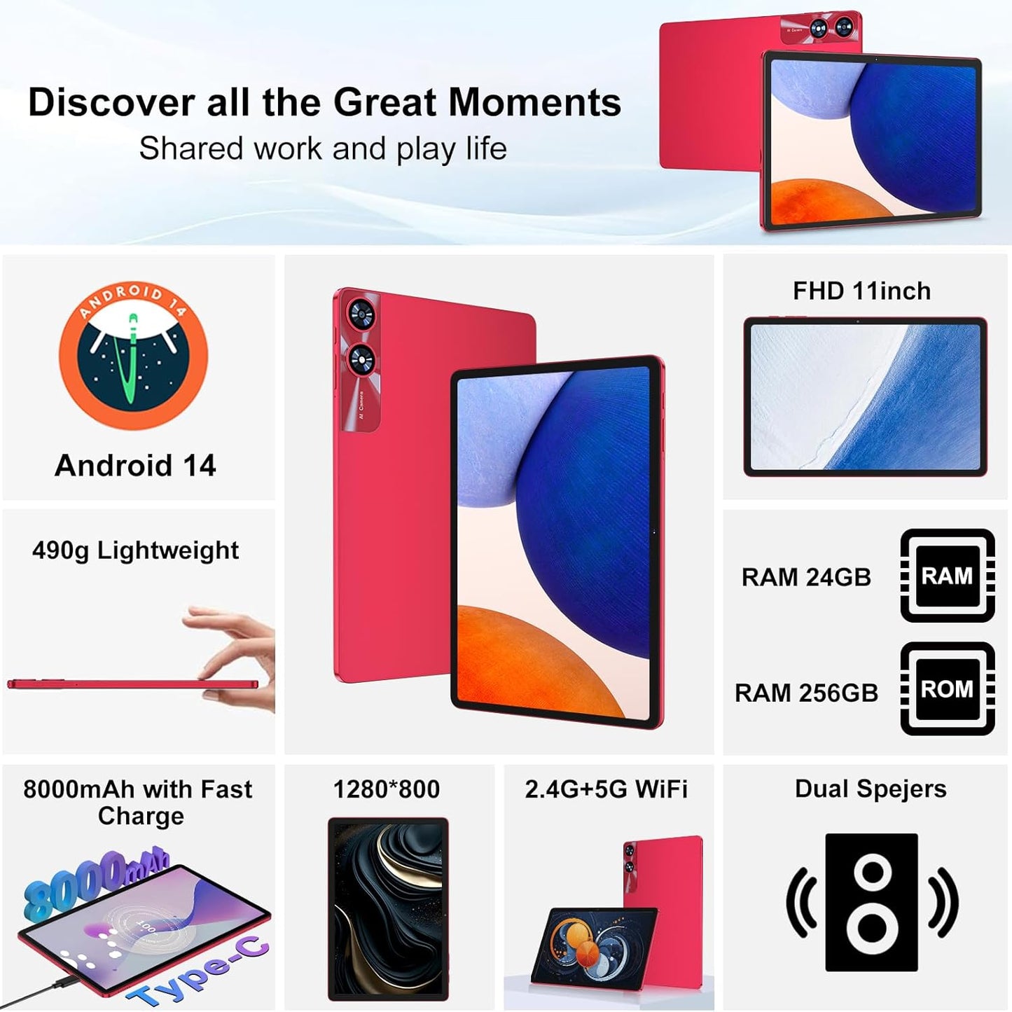 Android 14 Tablet 11 Inch Tablets, 24GB RAM 256GB ROM(1TB Expand), Octa-Core Tablets with 8000 mAh Battery, 5G WiFi, Bluetooth 5.0, Android Tablet 5MP+13MP Dual Camera, IPS Touch Screen, GPS Tab-Red
