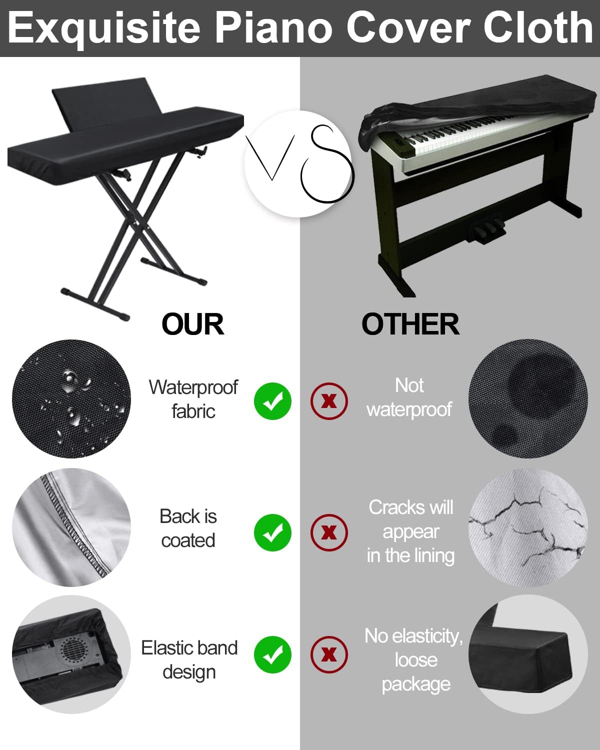 Stretchy Electric Piano Keyboard Covers - Waterproof Elastic Lock Music Keyboard Protector (61 Keys, Black)