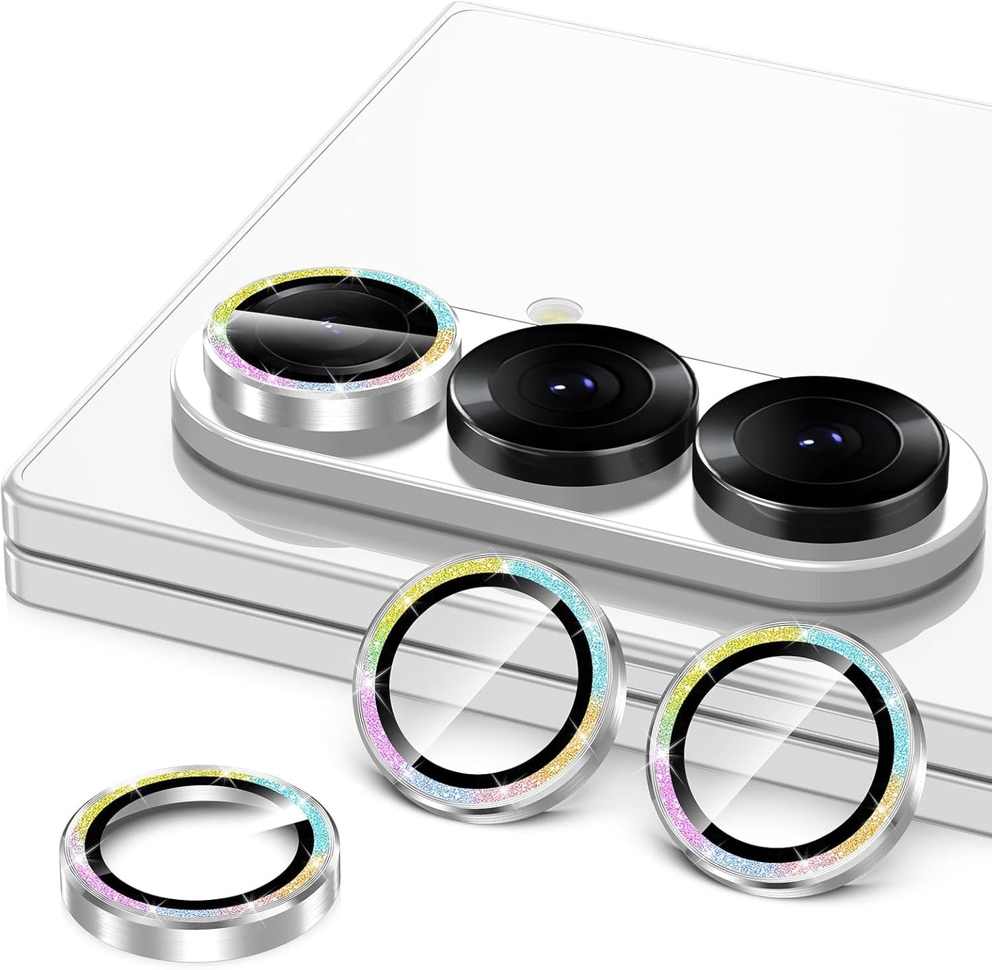 for Samsung Galaxy Z Fold 7 Camera Lens Protector, Individual Metal Ring Tempered Glass Lens Cover, [Strong Adsorption] Scratch Resistant Ultra-Thin HD Clear Lens Cover, 1 Set-Colorful Sparkly