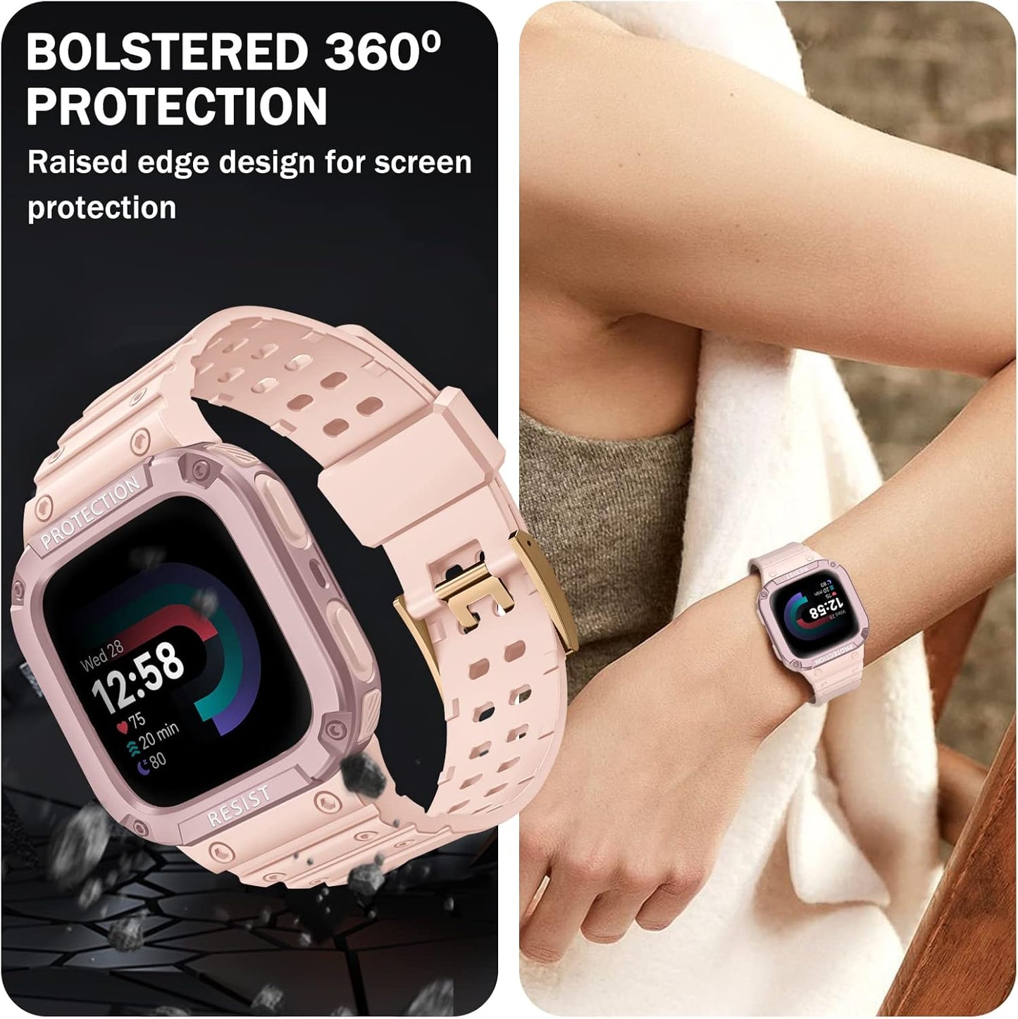 FINTIE Bands with Case Compatible with Fitbit Versa 4/3/2/1/Versa Lite/Fitbit Sense 2/Sense, Protective Case Strap Rugged Sport Band Men, Pink Sand