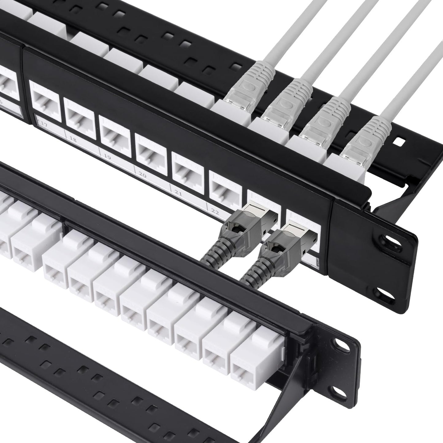 24 Port Keystone Patch Panel, 1U 19-inch RJ45 Network Patch Panel with Back Bar, Loaded with 24 Cat6 Couplers (White)