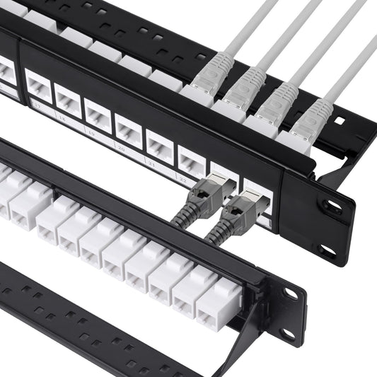 24 Port Keystone Patch Panel, 1U 19-inch RJ45 Network Patch Panel with Back Bar, Loaded with 24 Cat6 Couplers (White)