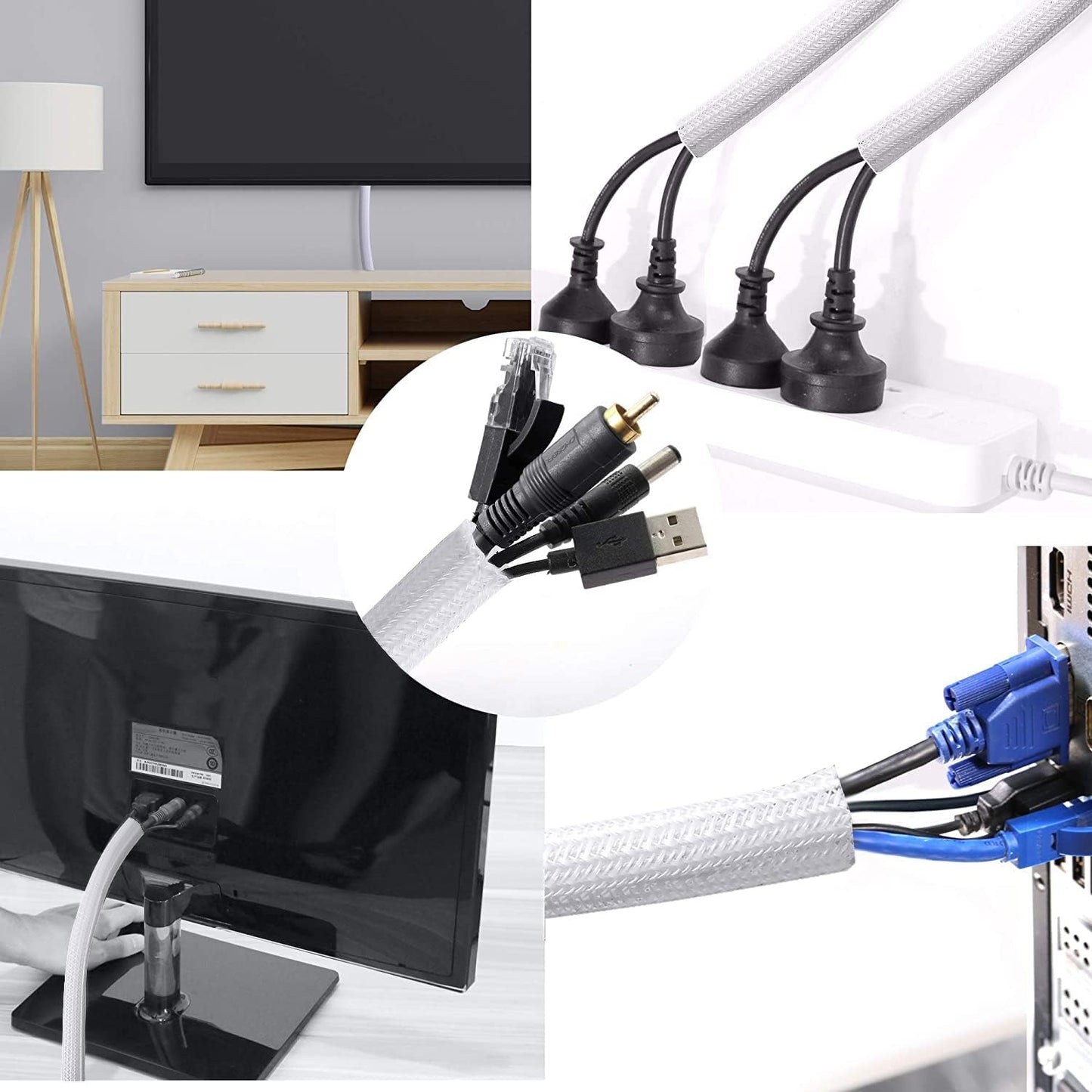 CrocSee 10ft - 1.25 inch Braided Cable Management Sleeve Cord Protector - Self-Wrapping Split Wire Loom for TV/Computer/Home Theater/Engine Bay - White