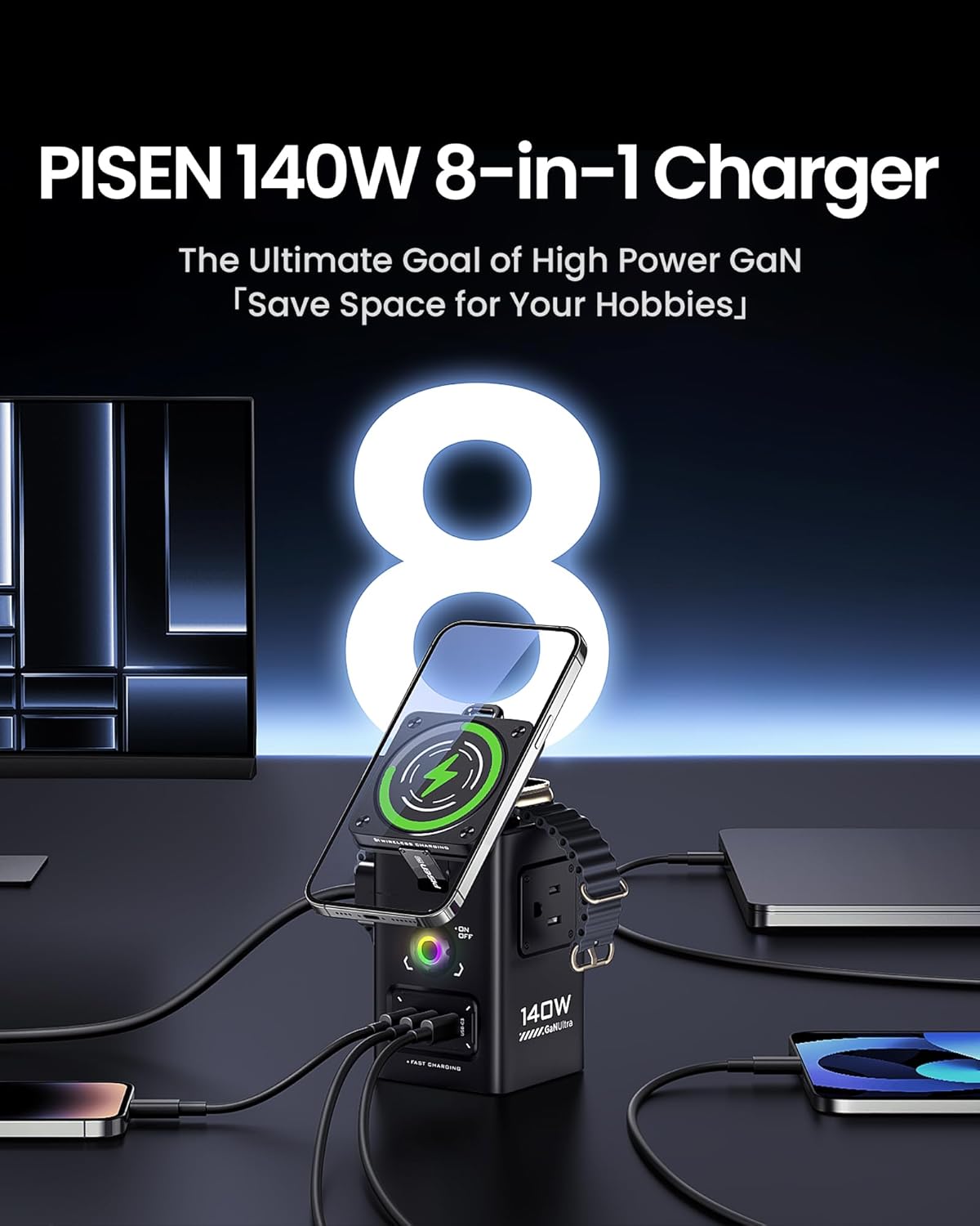 PISEN 8-in-1 Mag-Safe Charger Stand - 140W Charging Station for Multiple Devices Mag-Safe Stand Magnetic Qi2 Wireless Charger for iPhone 16/15/14/13/12 Series, Magnetic Charger for Apple Watch