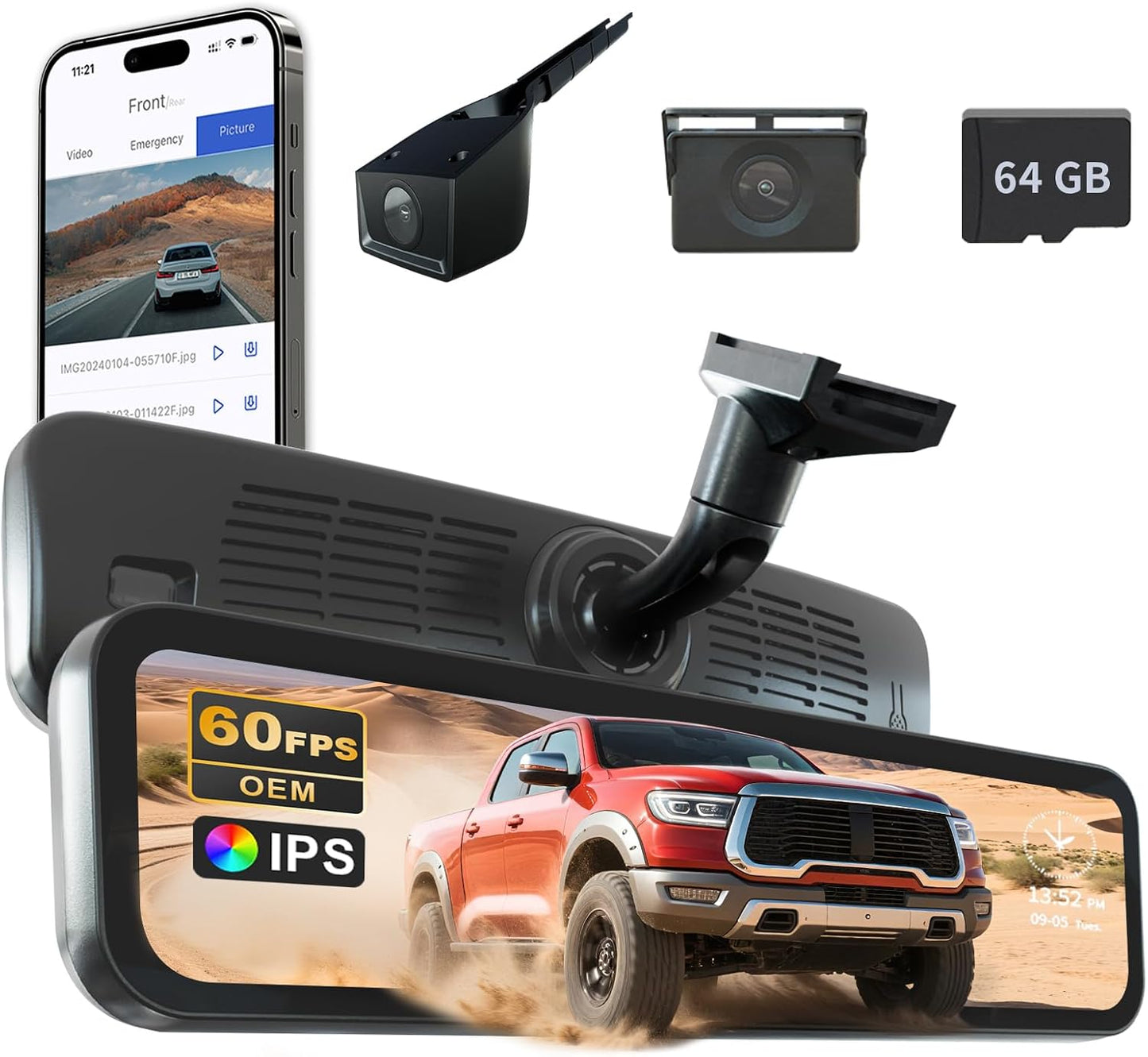 60FPS 9.2″ OEM Rear View Mirror Camera, Dash Cam, Detached Front Lens, 2K, Digital Signal Transmission, IMX462, IPS Screen, Night Vision, Parking Monitor, 64GB SD, for Trucks, Vans, SUVs
