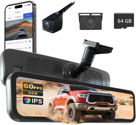 60FPS 9.2″ OEM Rear View Mirror Camera, Dash Cam, Detached Front Lens, 2K, Digital Signal Transmission, IMX462, IPS Screen, Night Vision, Parking Monitor, 64GB SD, for Trucks, Vans, SUVs