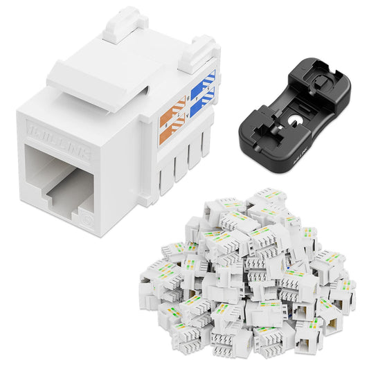 iwillink 10Gbps Cat6 Keystone Jack and Punch-Down Stand, 50-Pack, RJ45 Ethernet Keystone Jacks, 90-Degree UTP Modular Punch Down Keystone Jack Adapter, White