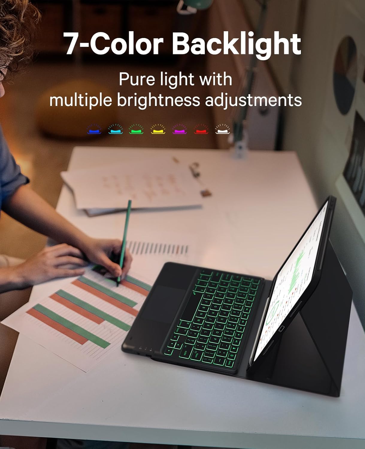 GreenLaw for iPad Pro 11 inch Case with Keyboard(M4) 2024, Detachable Wireless Keyboard Case, Stain-Resistant Surface, 7-Color Backlit, Multi-Touch Trackpad, 2 Device Connection, Black