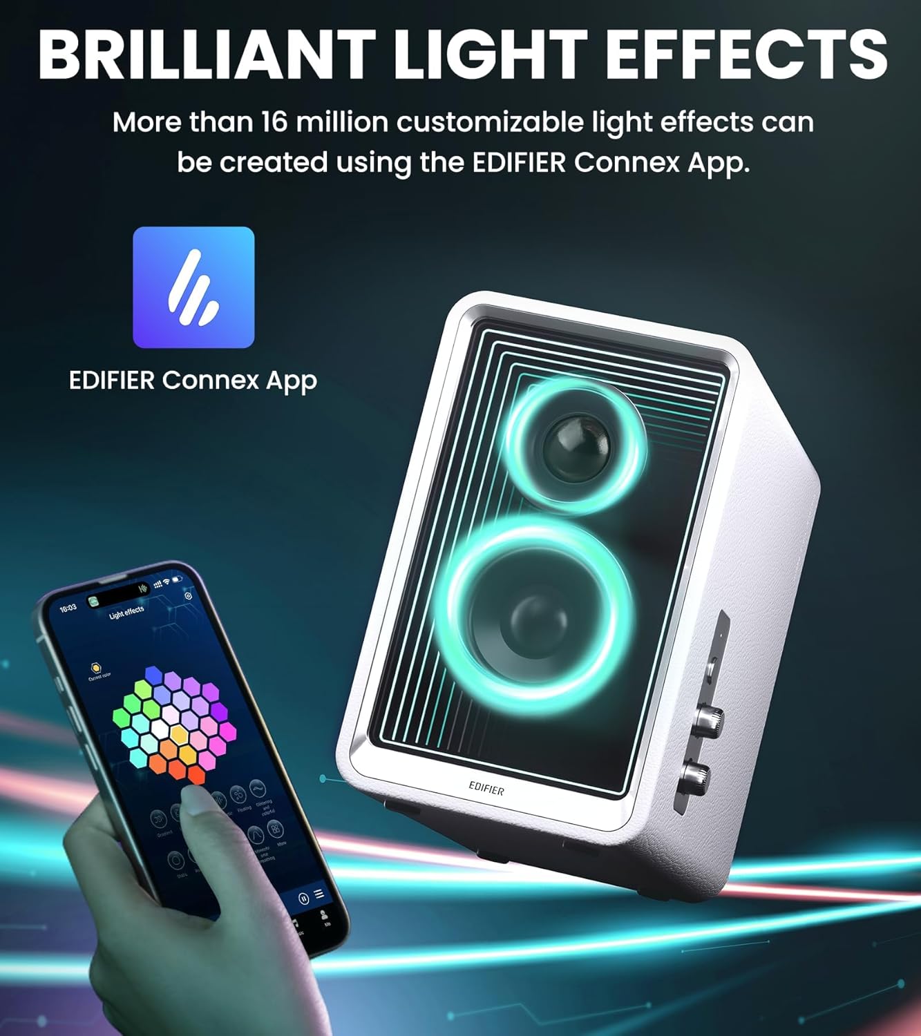 Edifier QR65 Desktop Active Monitor with 2.75" Long-Throw Aluminum Diaphragm mid-Low Drivers, Hi-Res Audio, Brilliant Light Effects, 70W Output Power Bluetooth Speakers with Stands - White