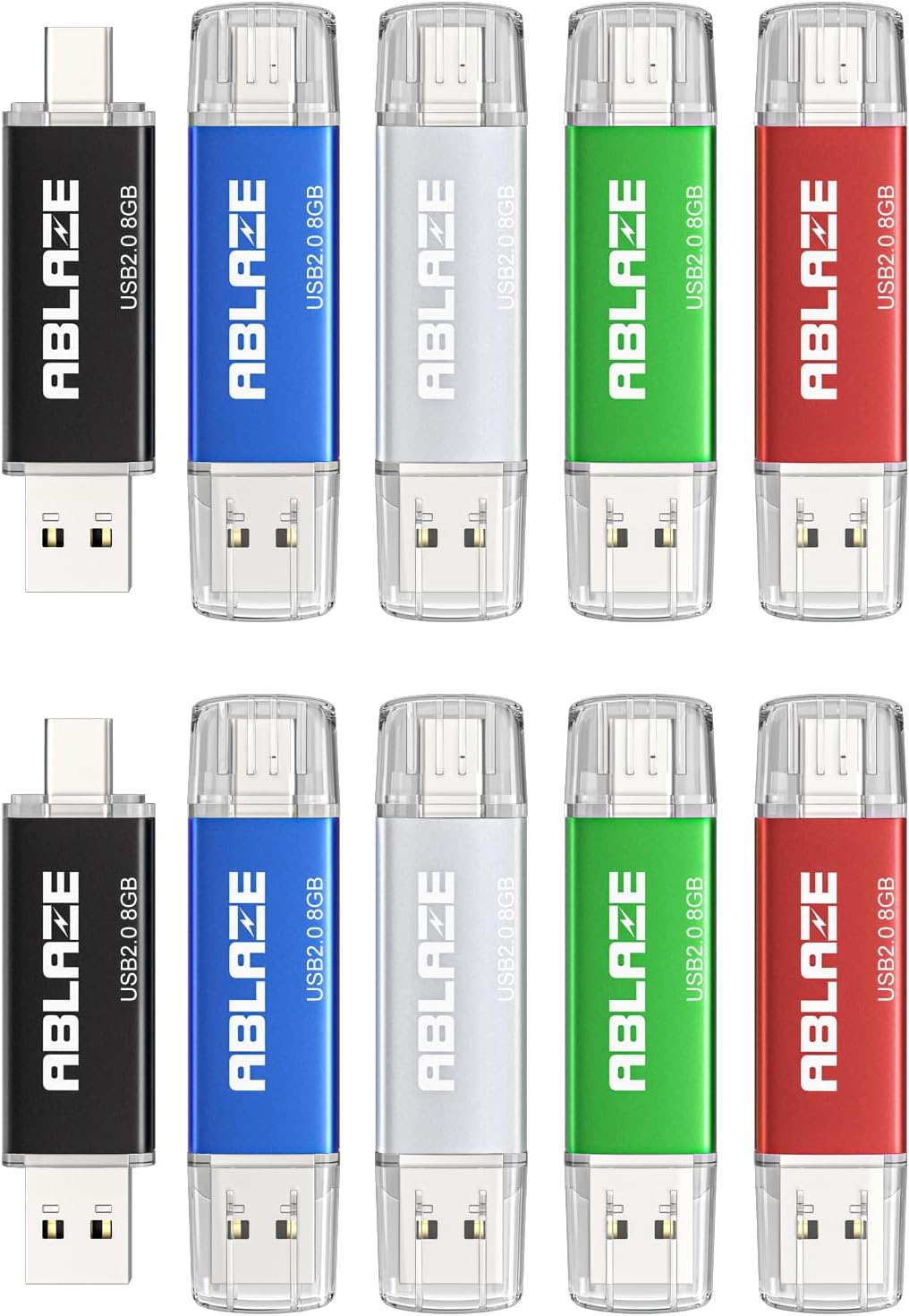 ABLAZE 8GB Type C Flash Drive 10 Pack, Dual USB 2.0+USB C Memory Stick Thumb Drive Compatible with iPhone 16/15, Android Smartphone, Computers, Tablets, Mac,iPad,PC