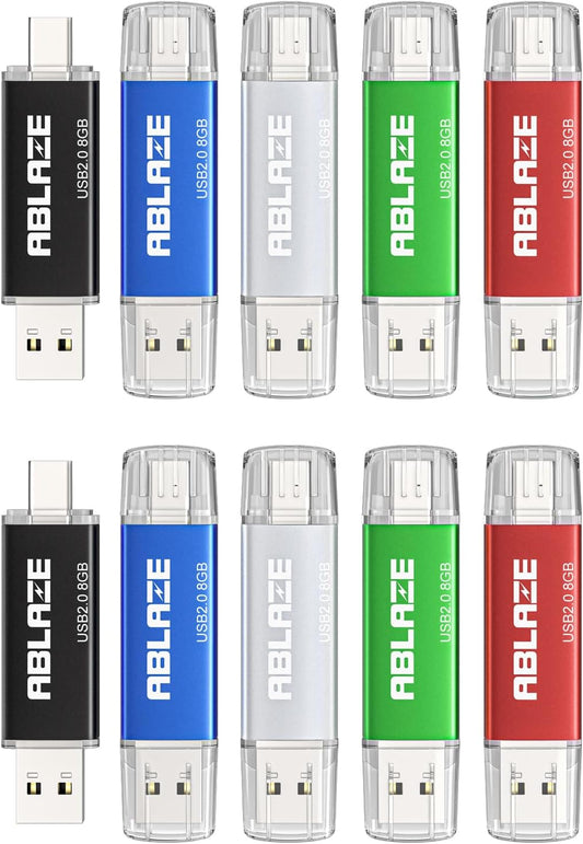 ABLAZE 8GB Type C Flash Drive 10 Pack, Dual USB 2.0+USB C Memory Stick Thumb Drive Compatible with iPhone 16/15, Android Smartphone, Computers, Tablets, Mac,iPad,PC