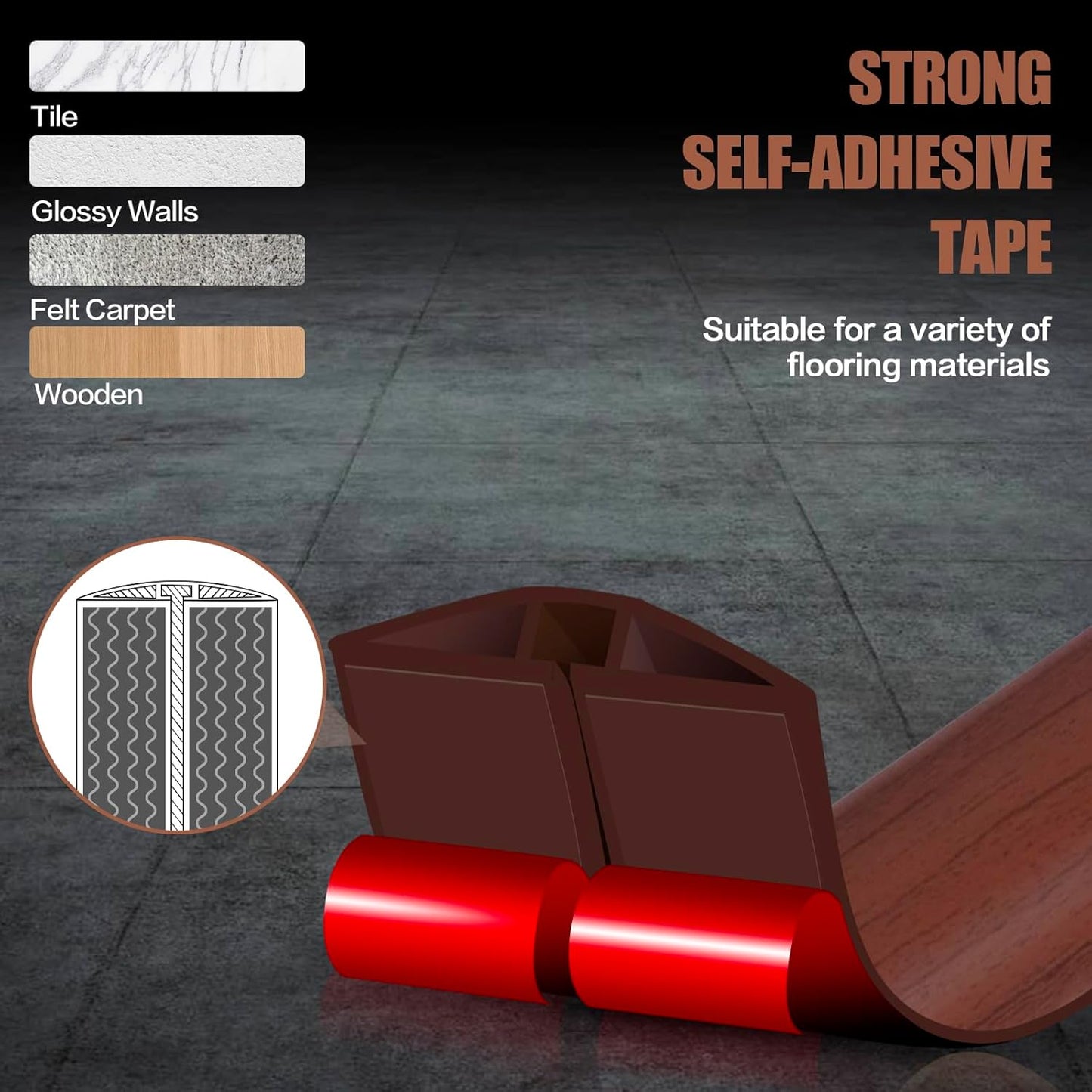 Floor Cord Cover Cavity 0.8"x0.37" Self Adhesive Cord Hider, 3.3FT Low Profile Cable Management, Extension Strip Protector for Wires, Prevent Cable Trips for Offices, Gyms, Exhibitions (Red Teak)