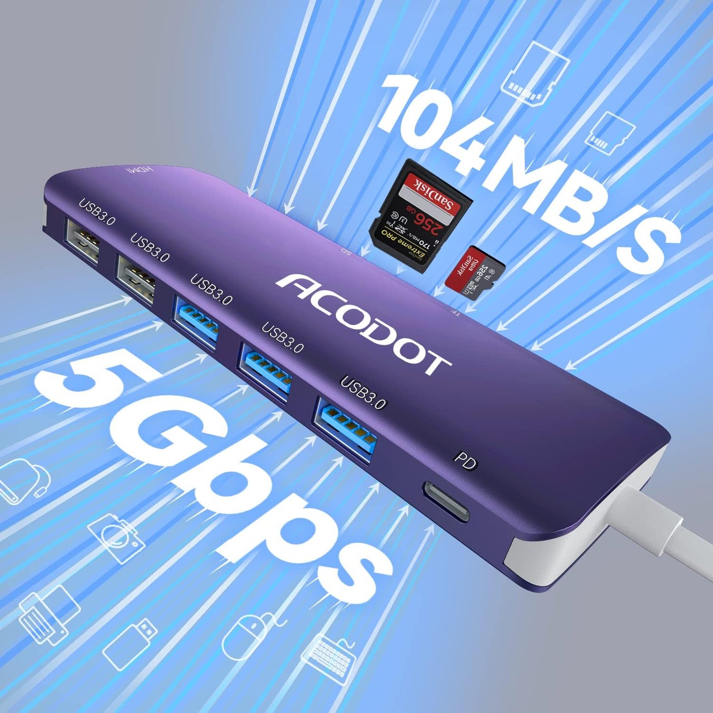 Acodot 9 in 1 USB C Hub - 4K@60Hz HDMI Adapter, 3 USB 3.0 Ports, SD/TF Card Reader, 100W PD, Multiport Adapter for MacBook Pro, Air, HP, XPS, Purple