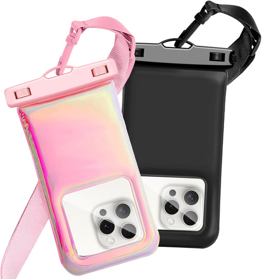 Floatable Waterproof Phone Pouch Case 2 Pax for iPhone 16 Pro Max/15/14/13/12, IP68 Travel Cellphone Dry Bag Beach Cruise Ship Essentials Bags with Crossbody Lanyard,Pink and Black-7″