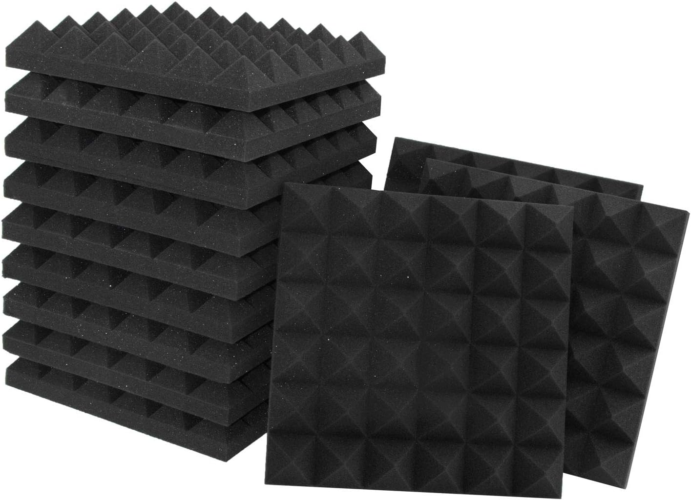 Acoustic Panels - 12 Pack 12x12x2 Inches Black Pyramid Acoustic Foam, Fire-Proofed Soundproof Wall Panels, 25kg/cbm Sound Proof Foam Panels ， Sound Panels for Recording Studio and Music Room