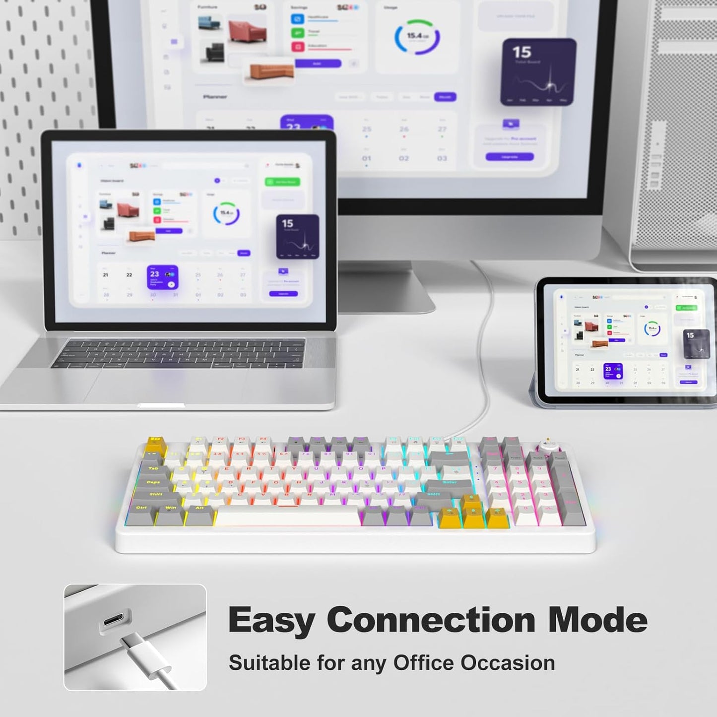 AK96 Smart Mechanical Keyboard Gaming, 96 Keys Full Size with LED Colorful Backlit, Clicky Creamy Sounding, USB Wired Computer Keyboard with Volume Knob for PC, Mac, Windows (White)