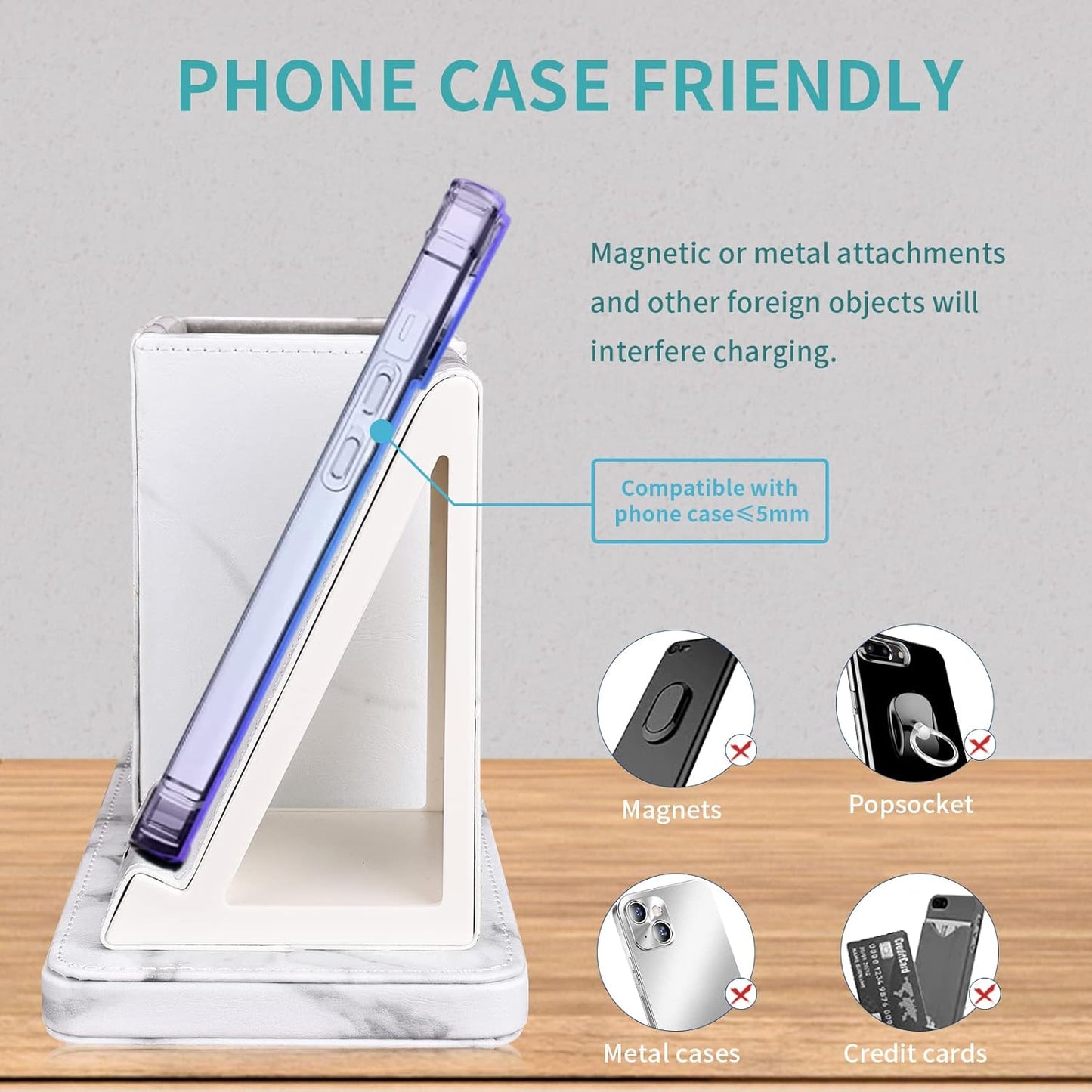 Wireless Charger with Desk Organizer, Wireless Charging Station for iPhone 13/13 Pro Max/13 Pro/12 Series/11/XS Max/XR/X/8Plus/SE 2, Wireless Charging Stand with Leather… (Marble)