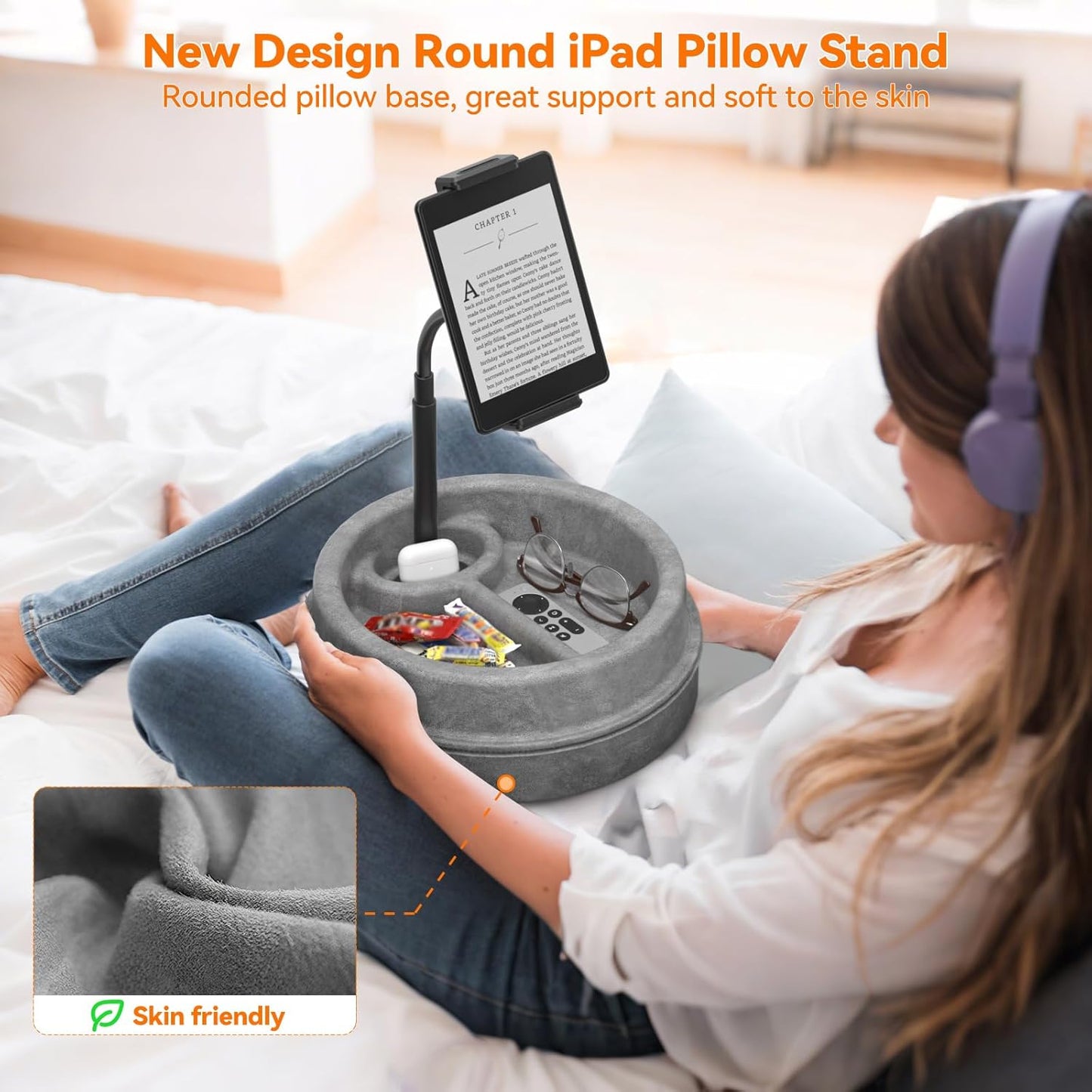KDD Tablet Pillow Stand for Lap, Multi-Angle iPad Stand with Storage Tray - 360° Rotating Clip Gooseneck Tablet Soft Pad Dock for Bed and Desk Compatible with iPad Pro 12.9, Air Mini, Phone, E-Reader