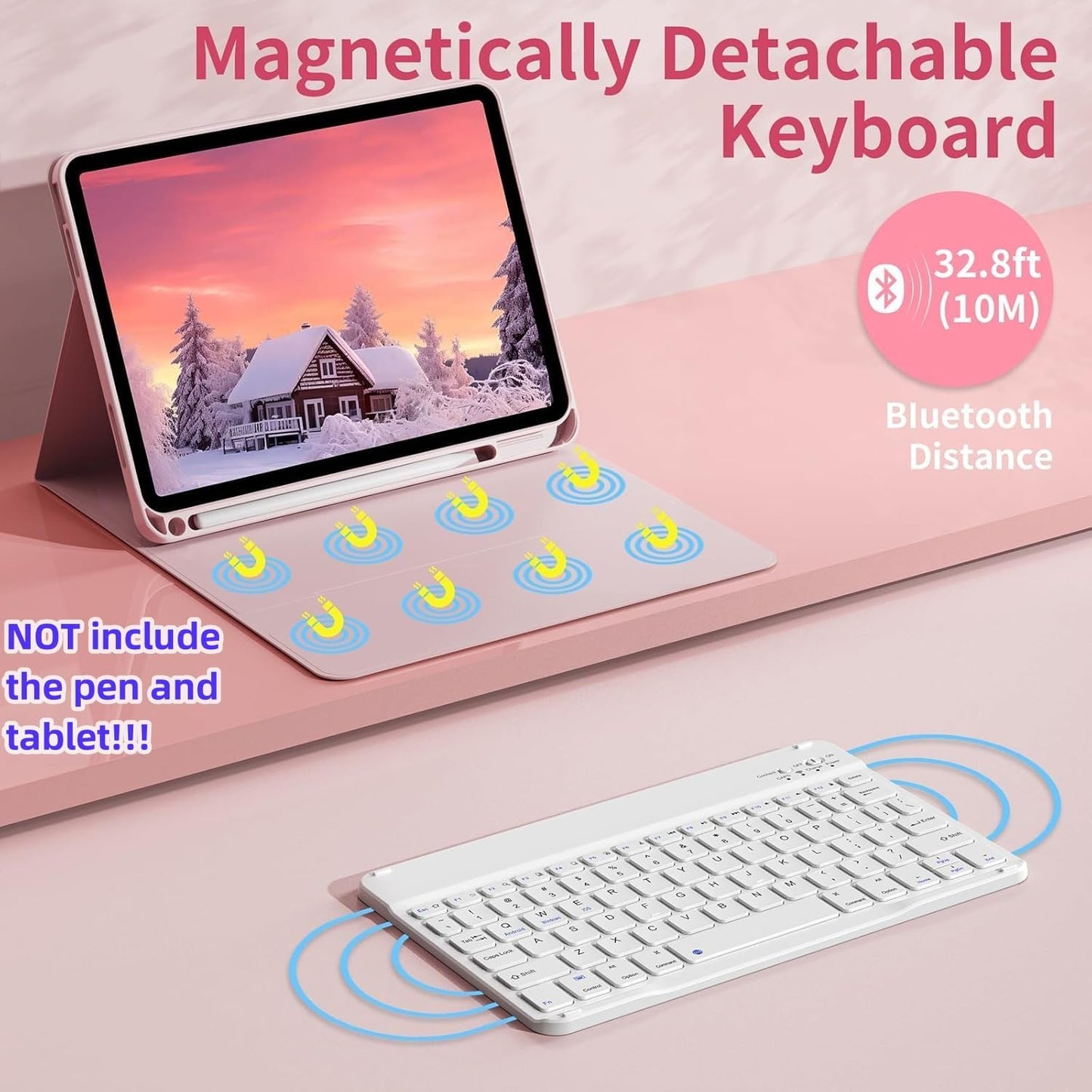 Keyboard Case for Galaxy Tab S10 Lite/ S10 FE/ S9 FE/S9/S8/S7, Slim Lightweight 7 Color Rainbow Backlight Detachable Magnetic Keyboard Cover with S Pen Holder, Pink