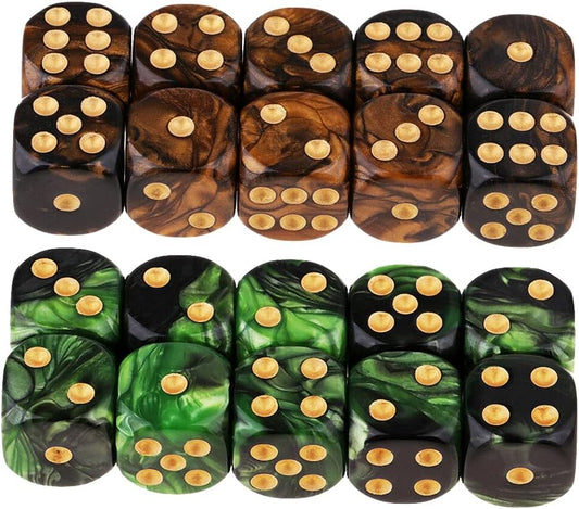 20PCS Polyhedral D6 Dice 16mm Acrylic 6 Sided Dice Game Dice for RPG MTG DND Dice Table Games (Green Black and Black Gold)