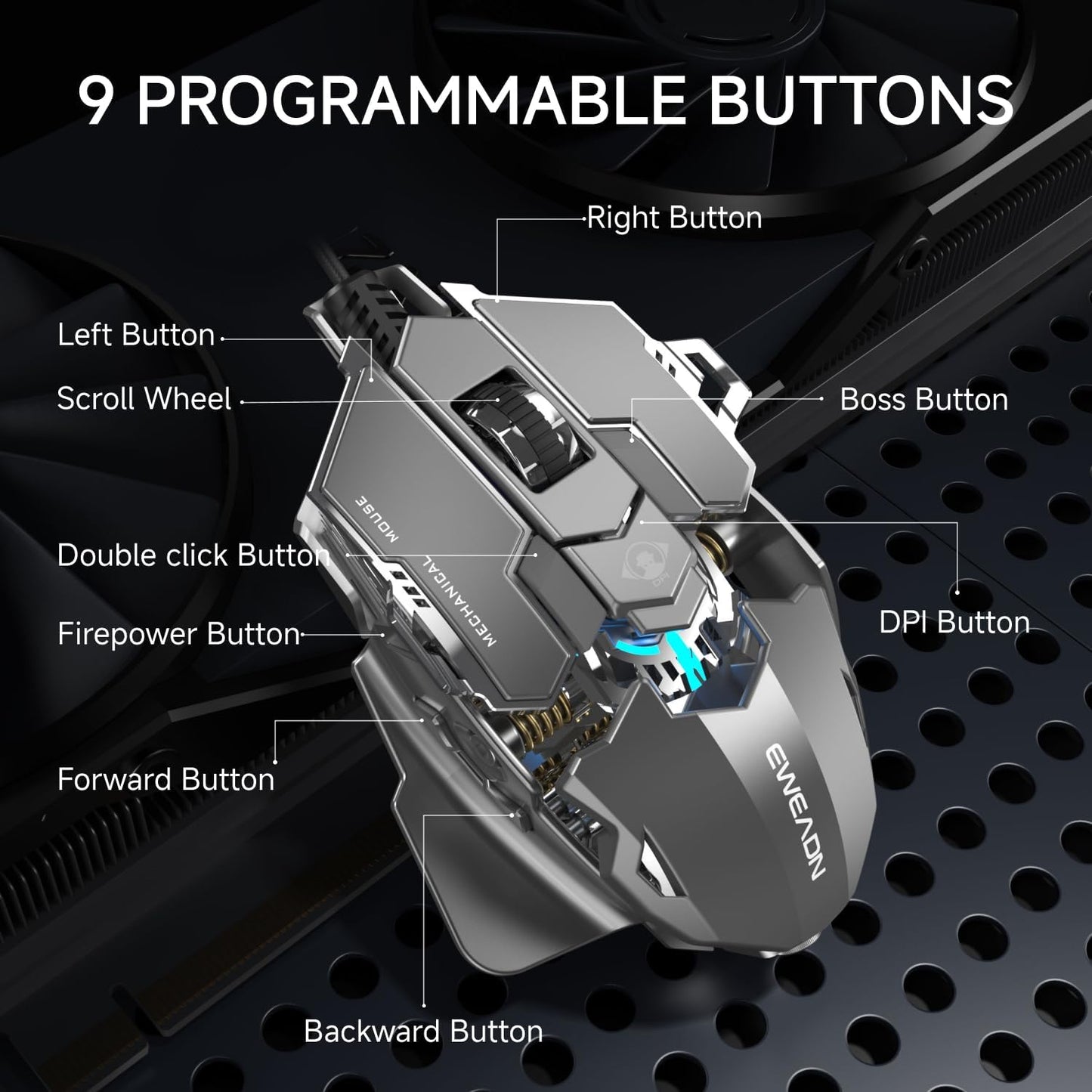 EWEADN G5 Wired Gaming Mouse, Ergonomic RGB Computer Mouse, 12800 Adjustable DPI, 9 Programmable Macro Buttons with Rapid Fire Key Compatible for PC/Laptop/Windows-Grey&White