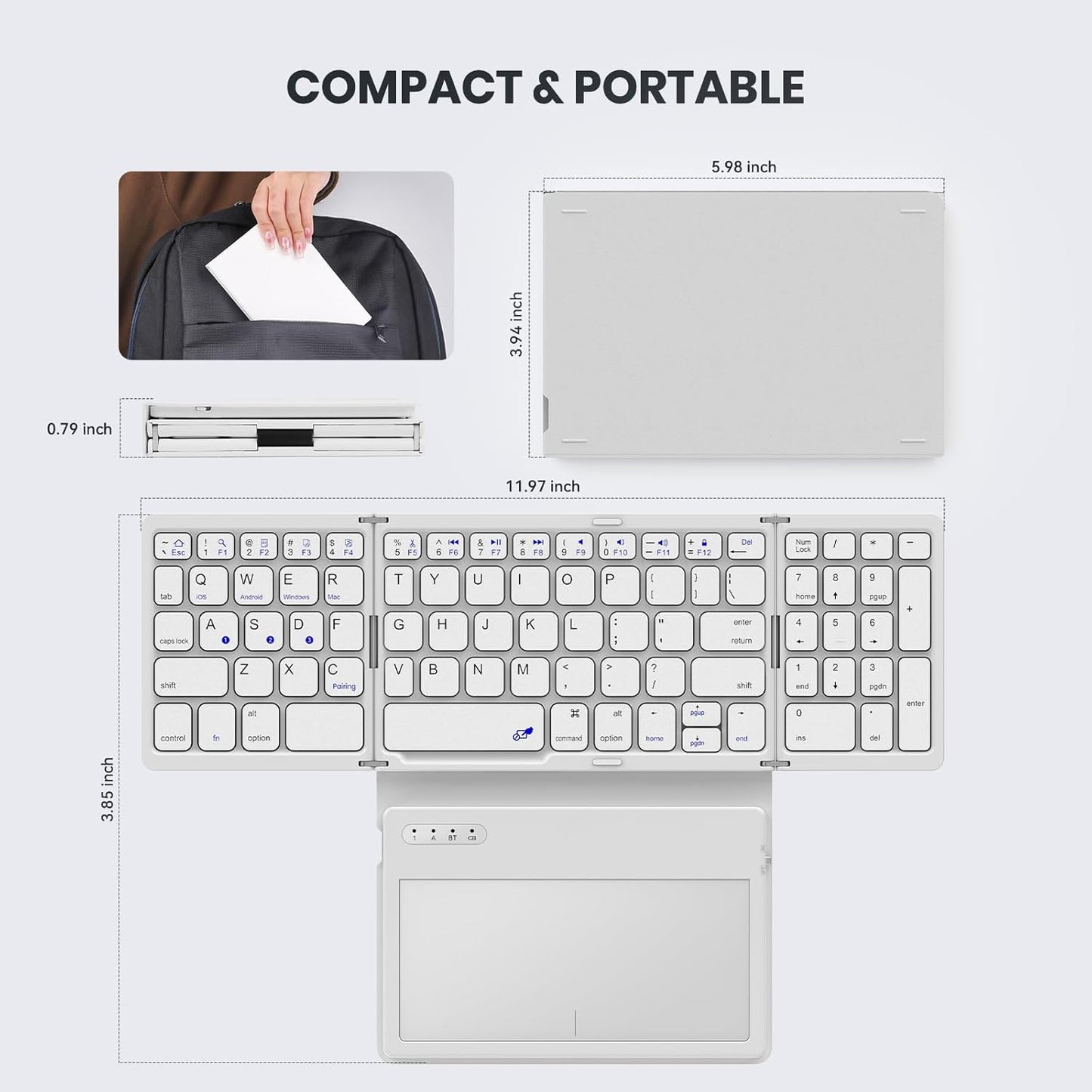 Foldable Bluetooth Keyboard, Portable Full Size Folding Keyboard with Large Touchpad, Numeric Keypad, PU Leather, Wireless Travel Keyboard for Windows Android Mac(White)