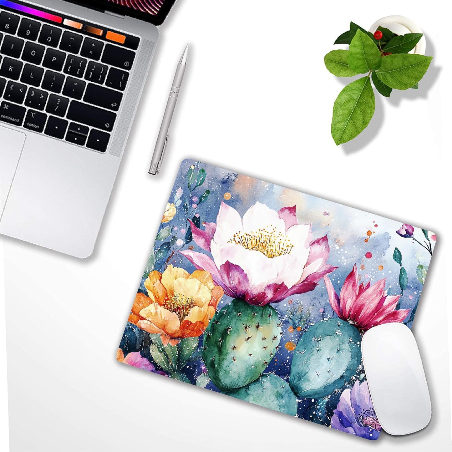 Cute Cactus Flower Plants Custom Mouse Pad with Non-Slip Rubber, Small Square Design for Wireless Laptop & Computer Mouse Pads for Desk, 9.5 x 7.9 inch Smooth Surface for Gaming & Office