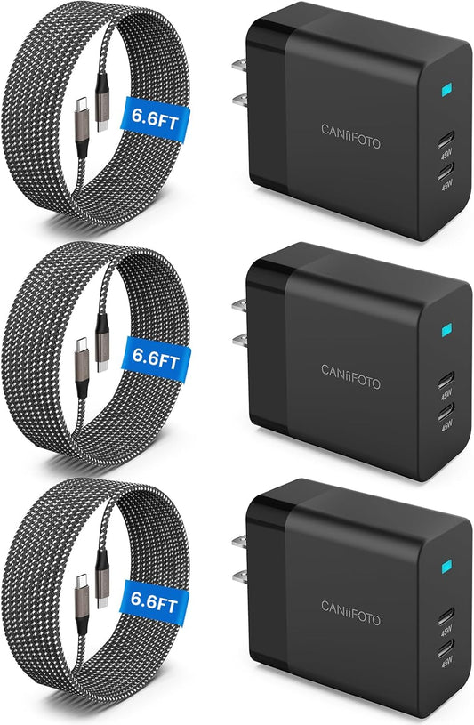 2Port 45W Super Fast Charger Type C, 3Pack 45W USB-C Charger Android Phone Charger Fast Charging for Samsung Galaxy S24 Ultra/S24+/S24/S23 Ultra/S23+/S22/S20/Note10+/Tab S9 with 3X 6.6ft Type C Cord