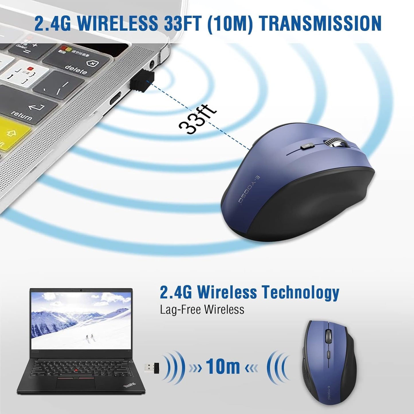 E-YOOSO Wireless Mouse for Laptop, Portable Optical Computer Mouse, 6 Buttons, Cordless 2.4GHz with USB Receiver, 5-Level 4800 DPI, 18 Months Battery Life, for PC, Chromebook, Windows, Mac(Blue)