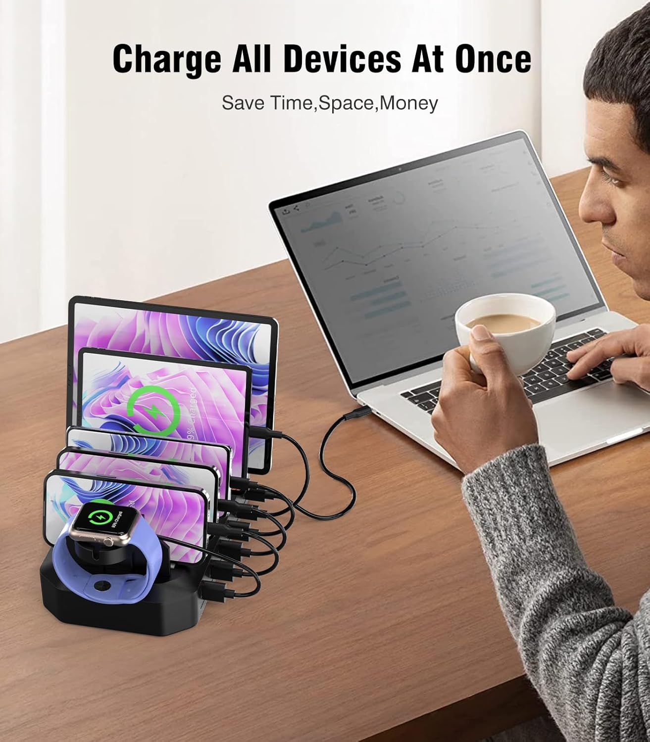 95W Fast Charging Station for Multiple Devices【Patent & Safety Certs】 6-Port USB Charging Dock with 2 PD Ports Compatible with Cellphones/iPad/MacBook/Kindle/Tablets (8 Mix Cables & 2 Stands Included)