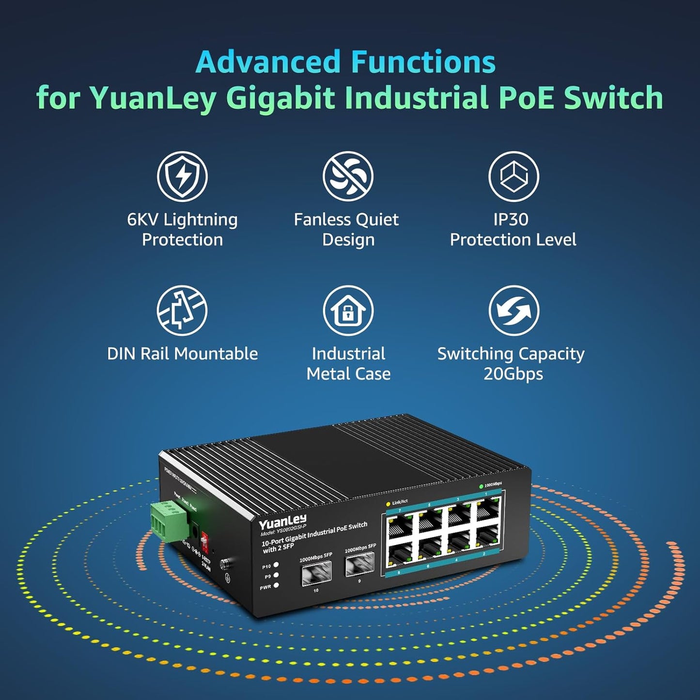 YuanLey 10 Port Industrial Switch with 8 Port PoE Gigabit & 2X SFP Port, Unmanaged PoE Switch with 120W Power Adapter, IEEE802.3af/at, VLAN & RSTP, Din-Rail PoE Switch for IP Camera, VoIP Phones,AP